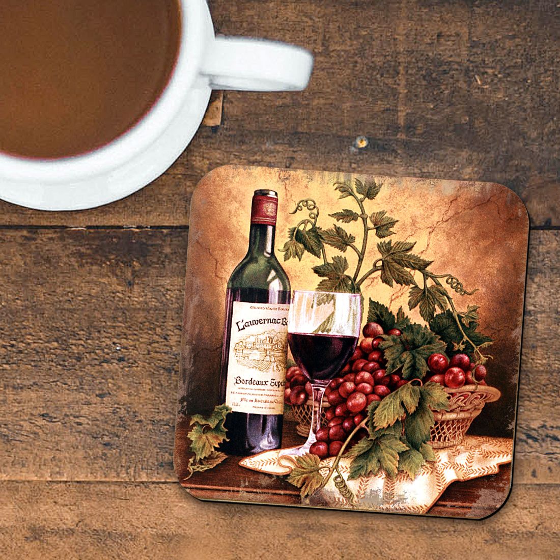 Vine and Grapes Wooden Cork Coasters Gift Set of 4 by Nature Wonders - Nature Wildlife Decor - 95349-2C-S4