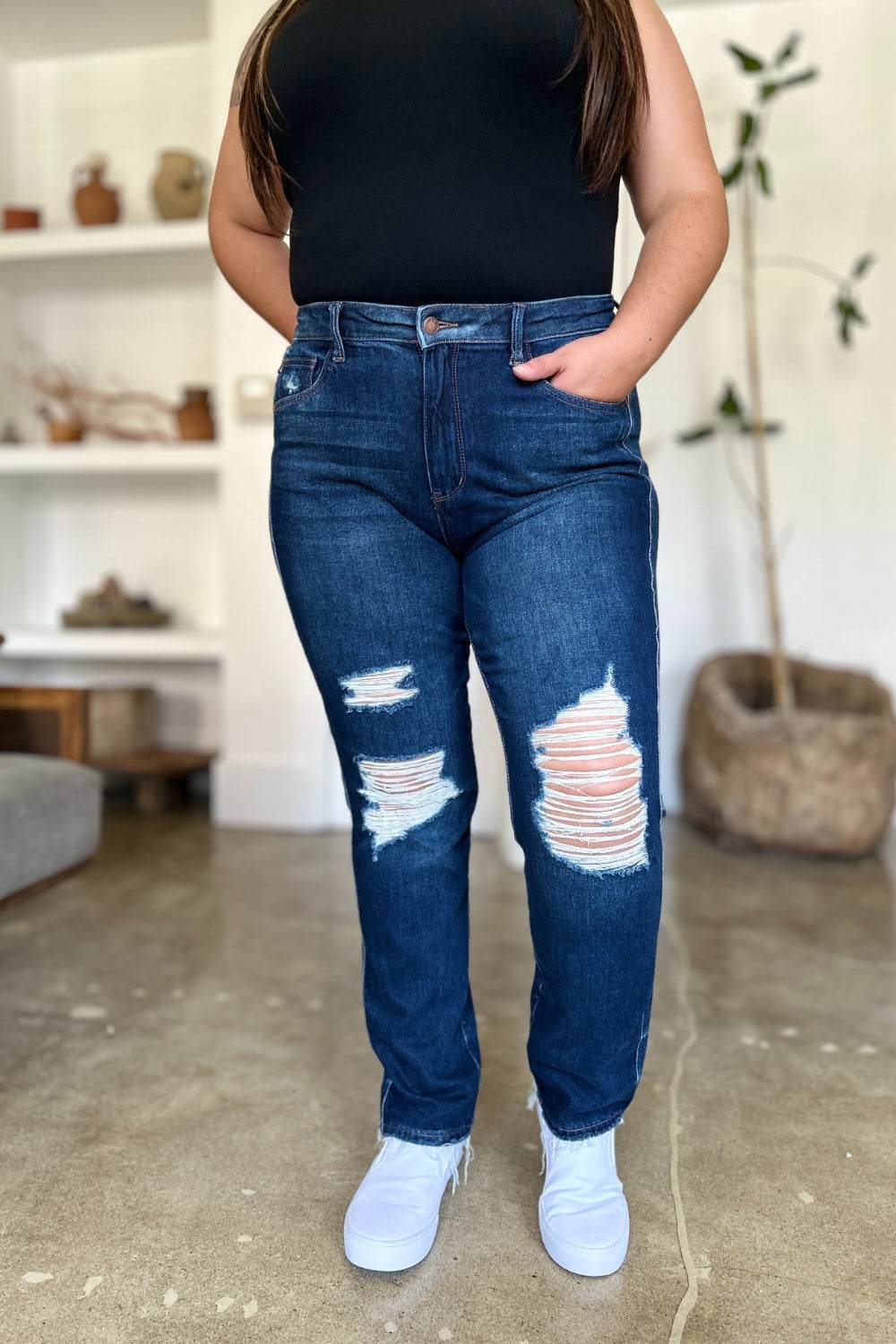 Judy Blue Full Size High Waist Rigid Magic Heavy Destroy Straight Women Jeans