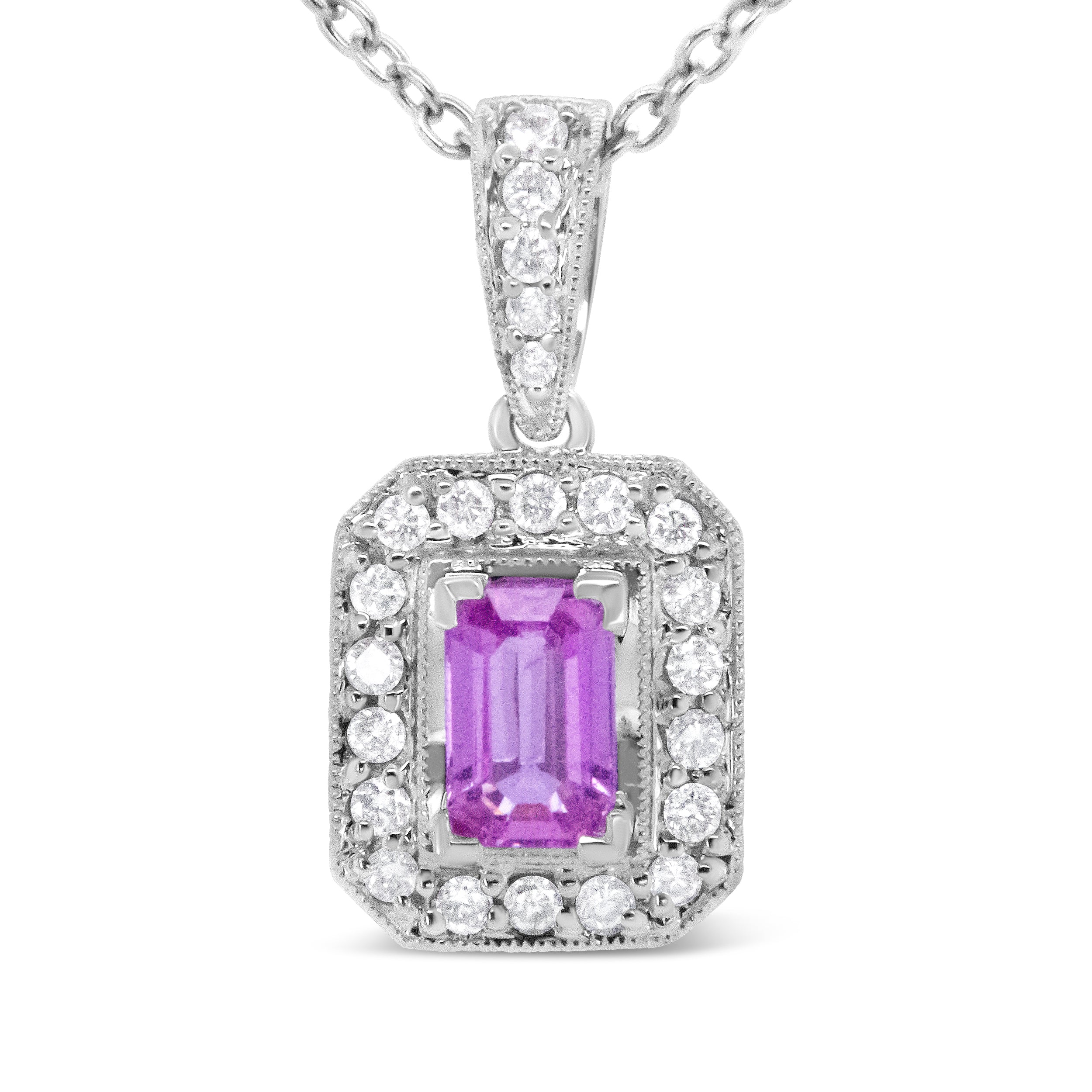 18K White Gold 6X4mm Pink Sapphire And 1/4 Cttw Pave-Set Round Diamond Pendant 18" Necklace - (H-I Color, Vs1-Vs2 Clarity)