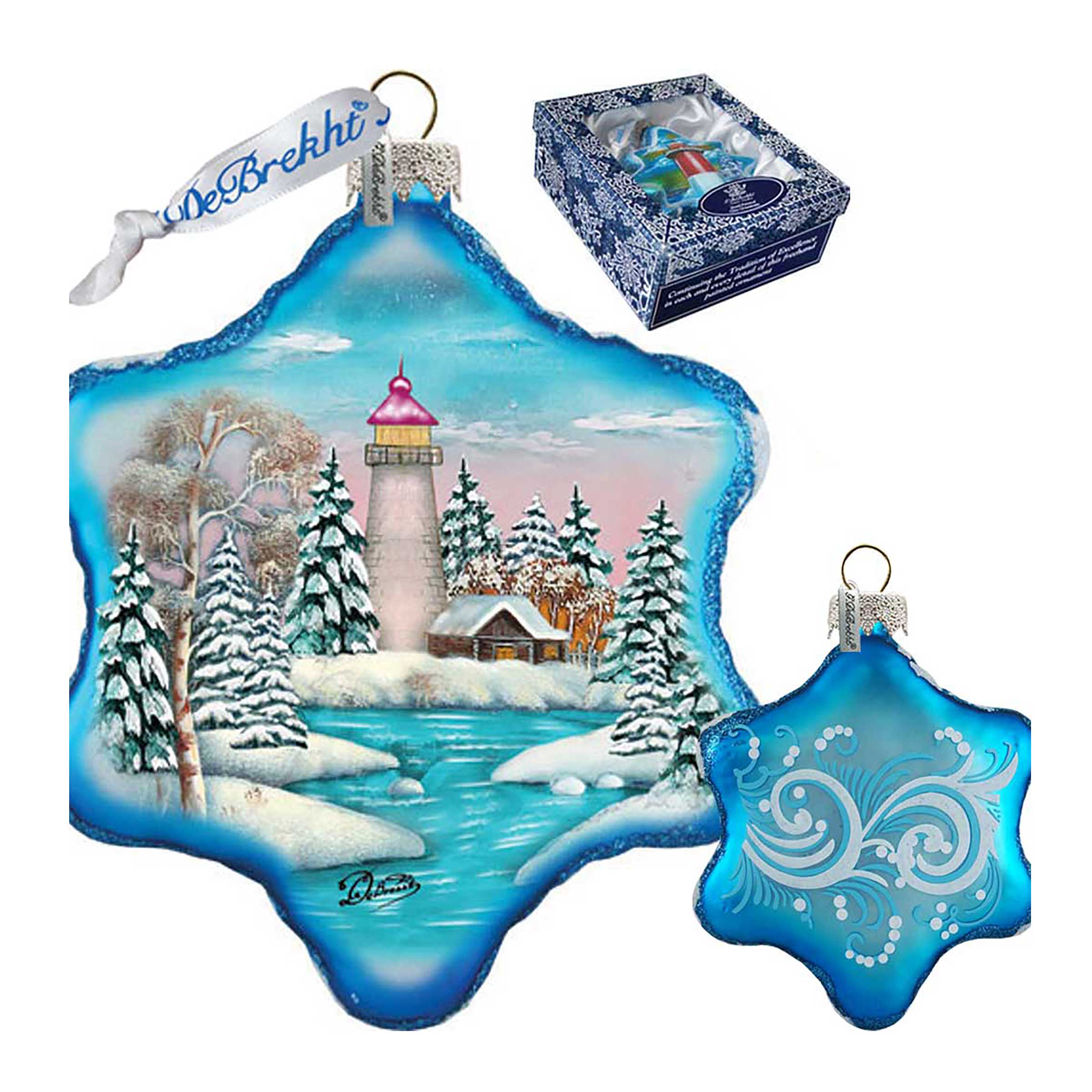 Lighthouse Snowflake Glass Ornament by G. DeBrekht - Coastal Holiday Decor - 754-007