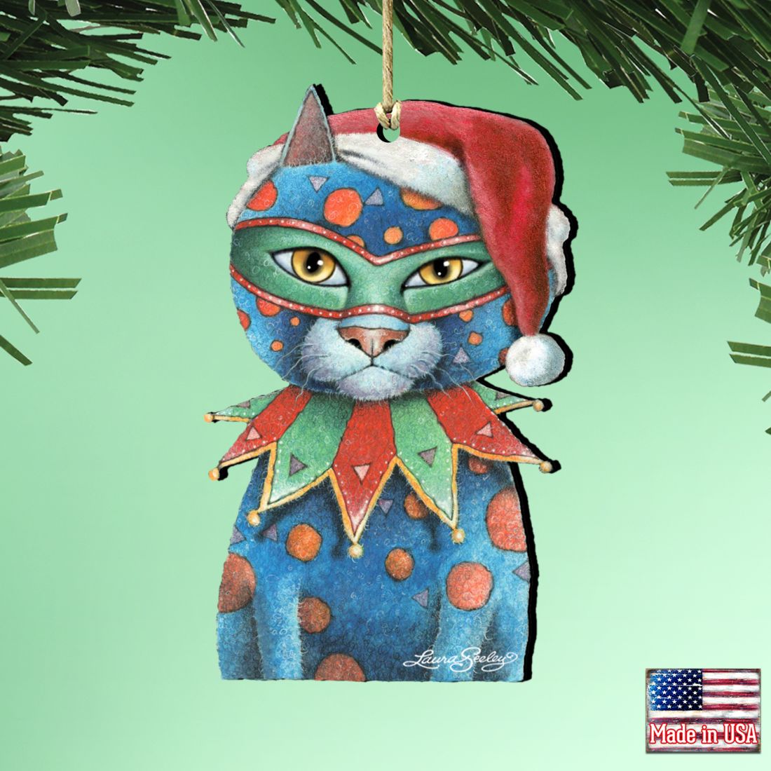 Mardi Gras Santa Cat Wooden Ornaments by Laura Seeley - Pets Dog and Cats Decor - 8512057-LS