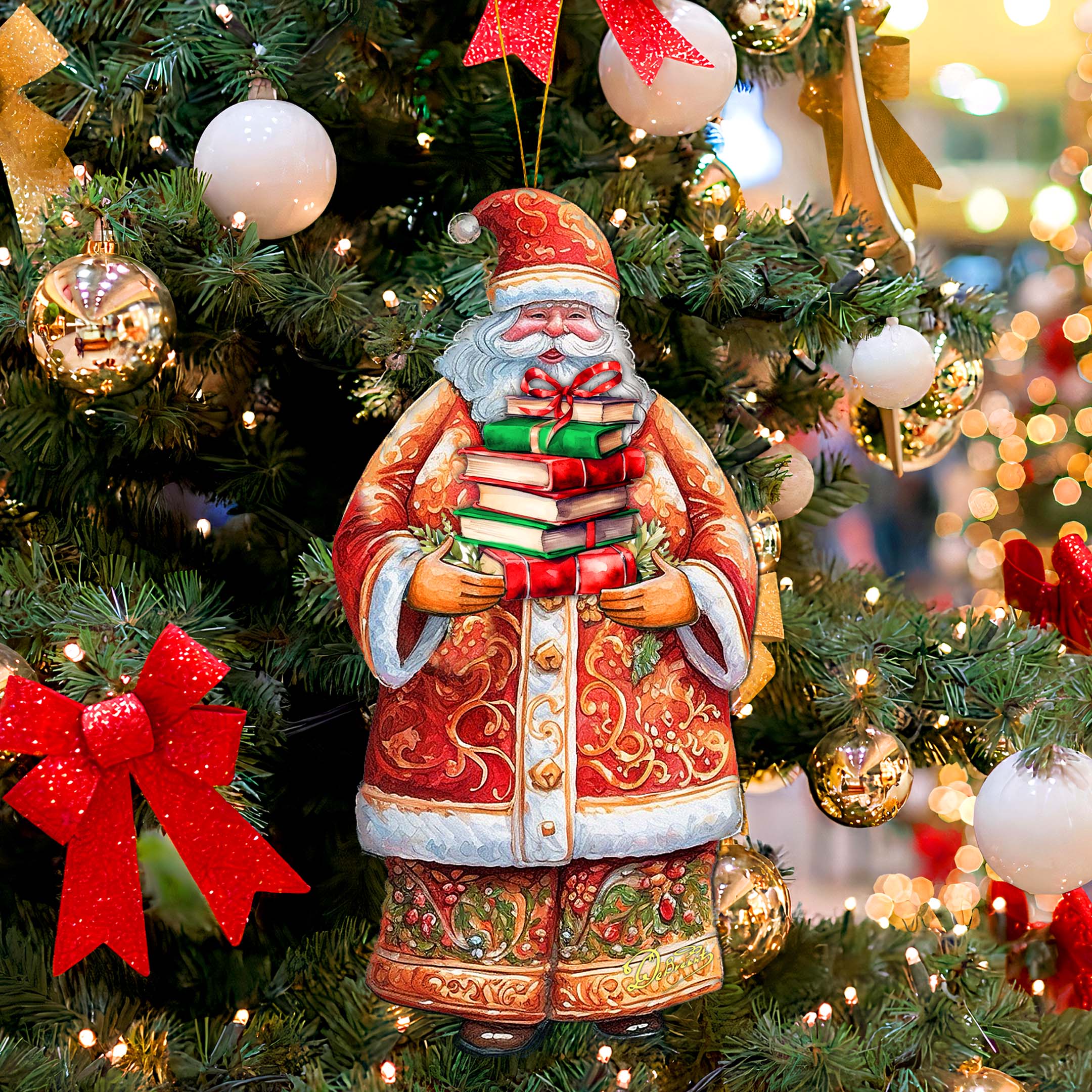 Santa's Book Collection Wooden Ornaments by G. Debrekht - Christmas Santa Snowman Decor - 8691405