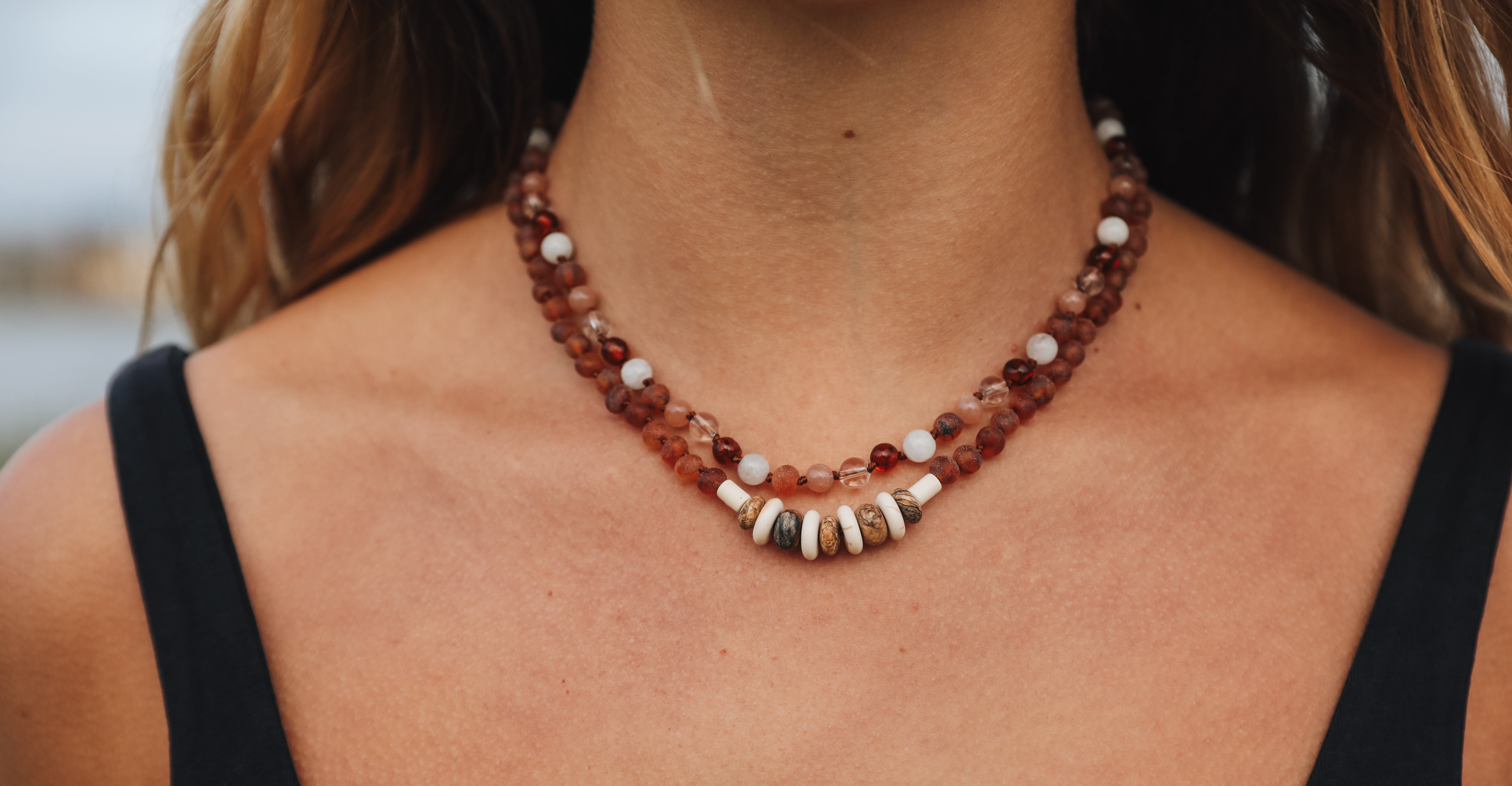 Baltic Sea Amber || Sunstone + Moonstone || Natural Gemstone Necklace