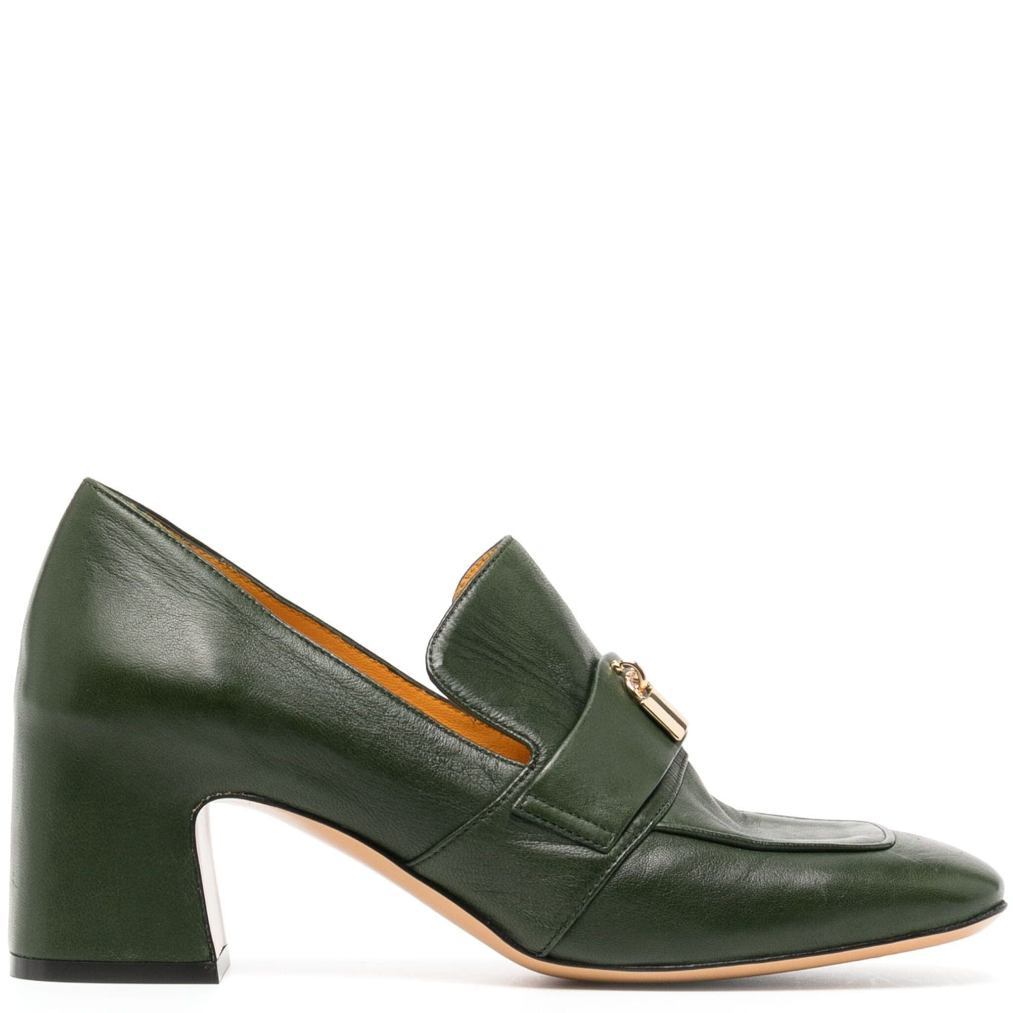 Green Leather Lock Heel Loafer