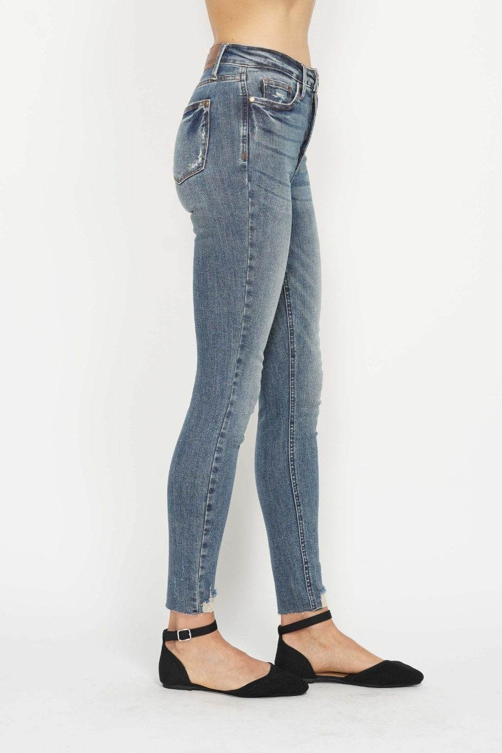 Judy Blue Full Size Tummy Control Vintage Wash Hem Destroy Skinny Women Jeans