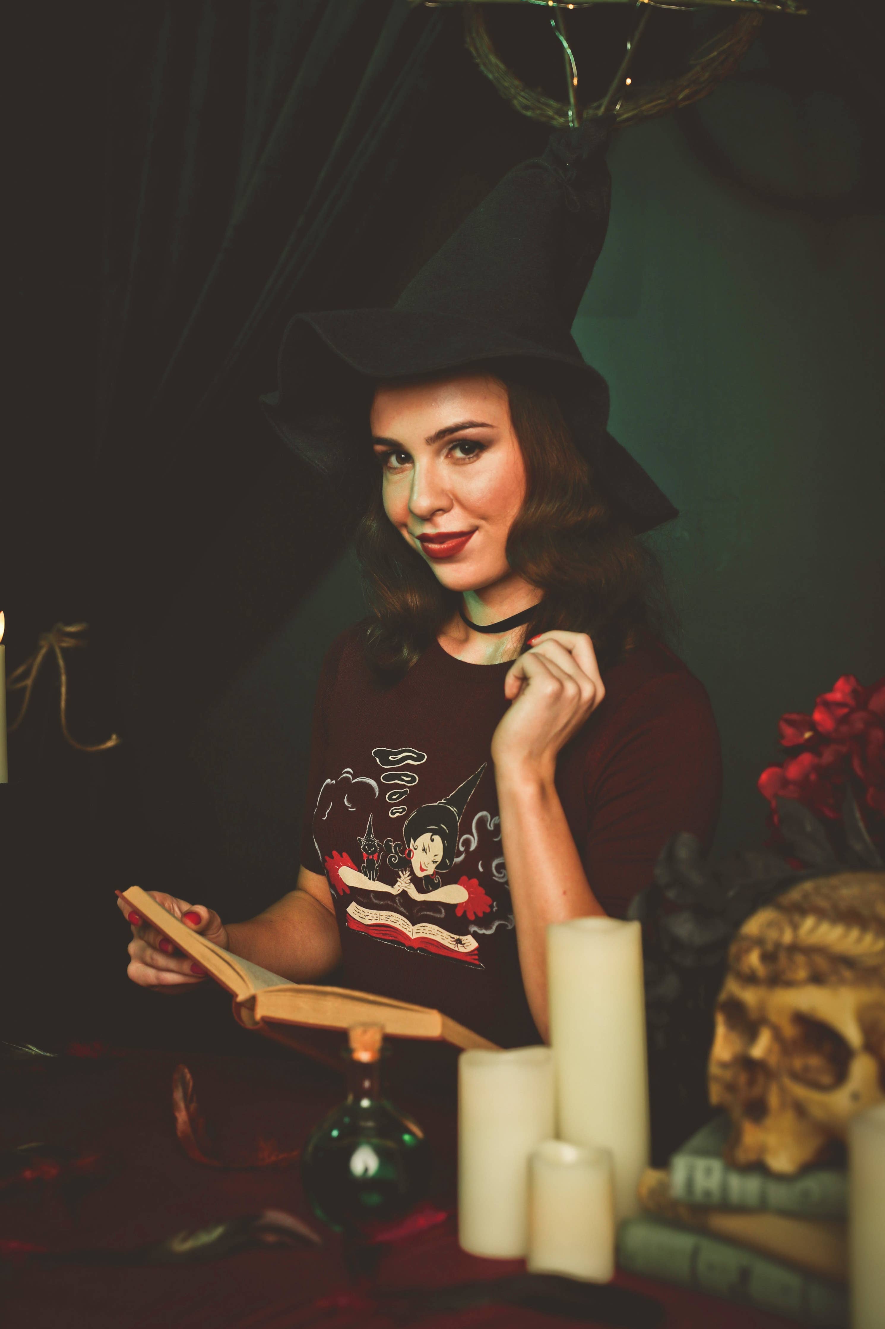 Witch Bible short sleeve Sweater in Burgundy by Mischief Made - LARGE