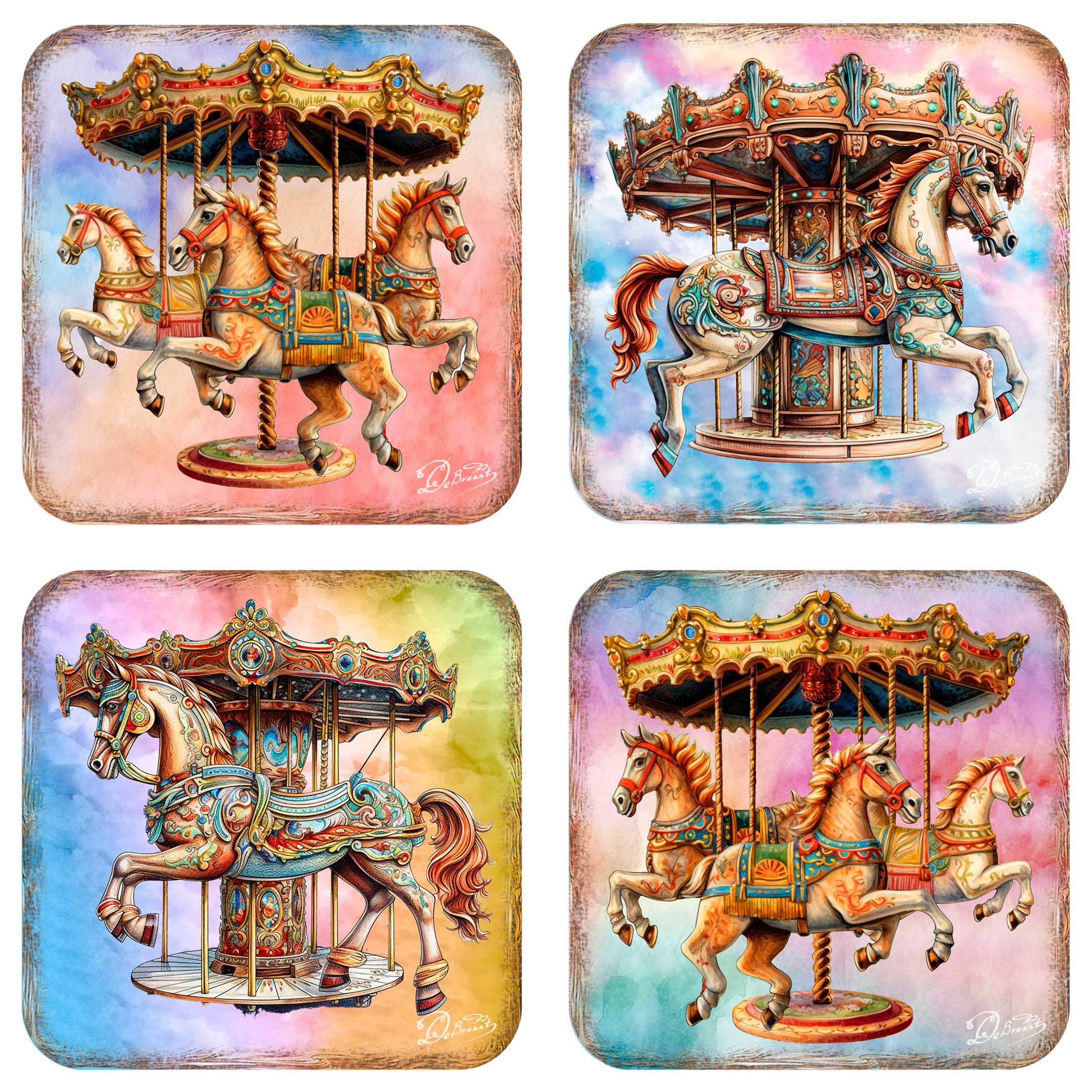 Carousel Horses Wooden Cork Coasters Gift Set of 4 by G. Debrekht - Christmas Decor - 8199439C-S4