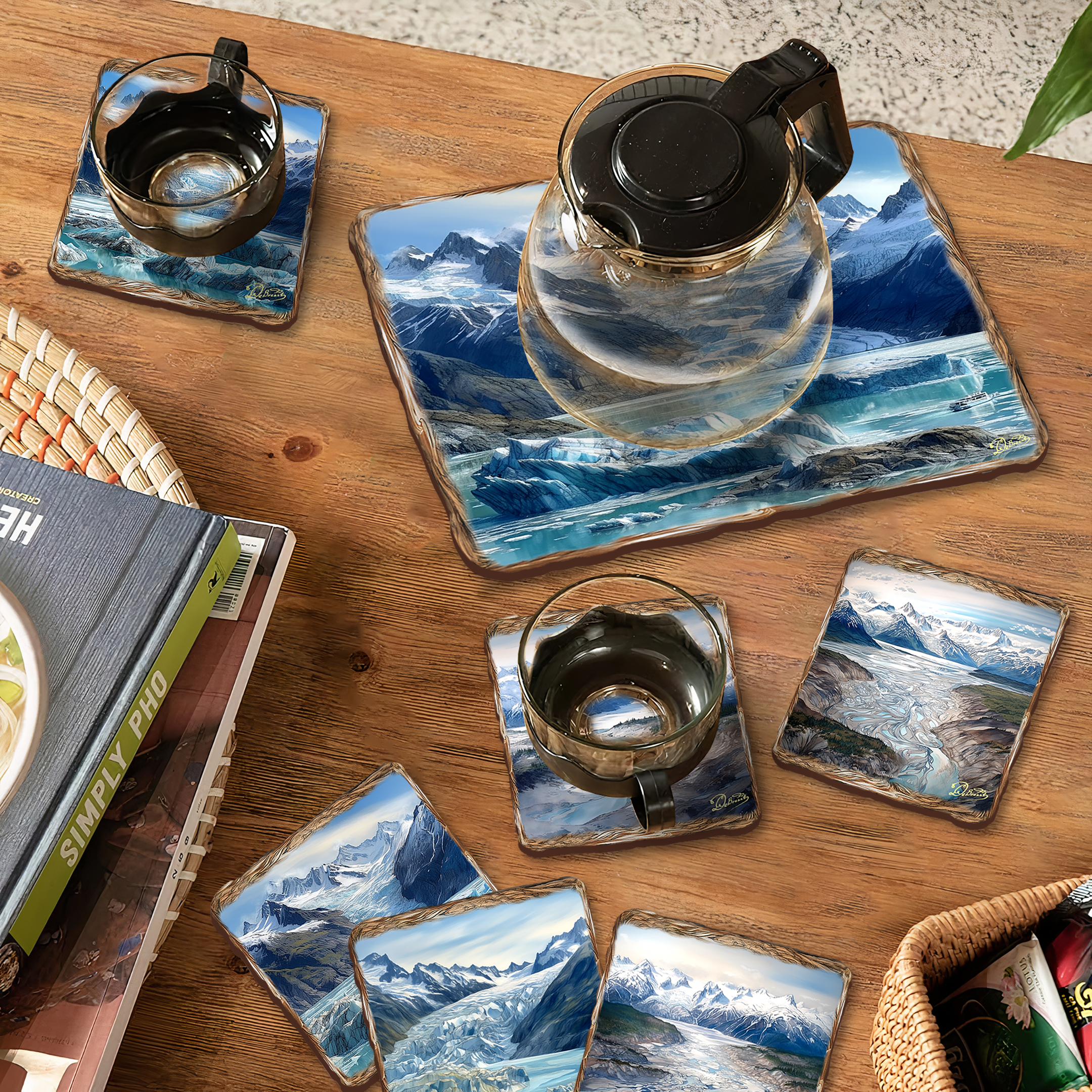 Glacier's Majesty Wooden Cork Placemat and Coasters Gift Set of 7 by Nature Wonders Nature Wildlife Decor - 85402C-S7