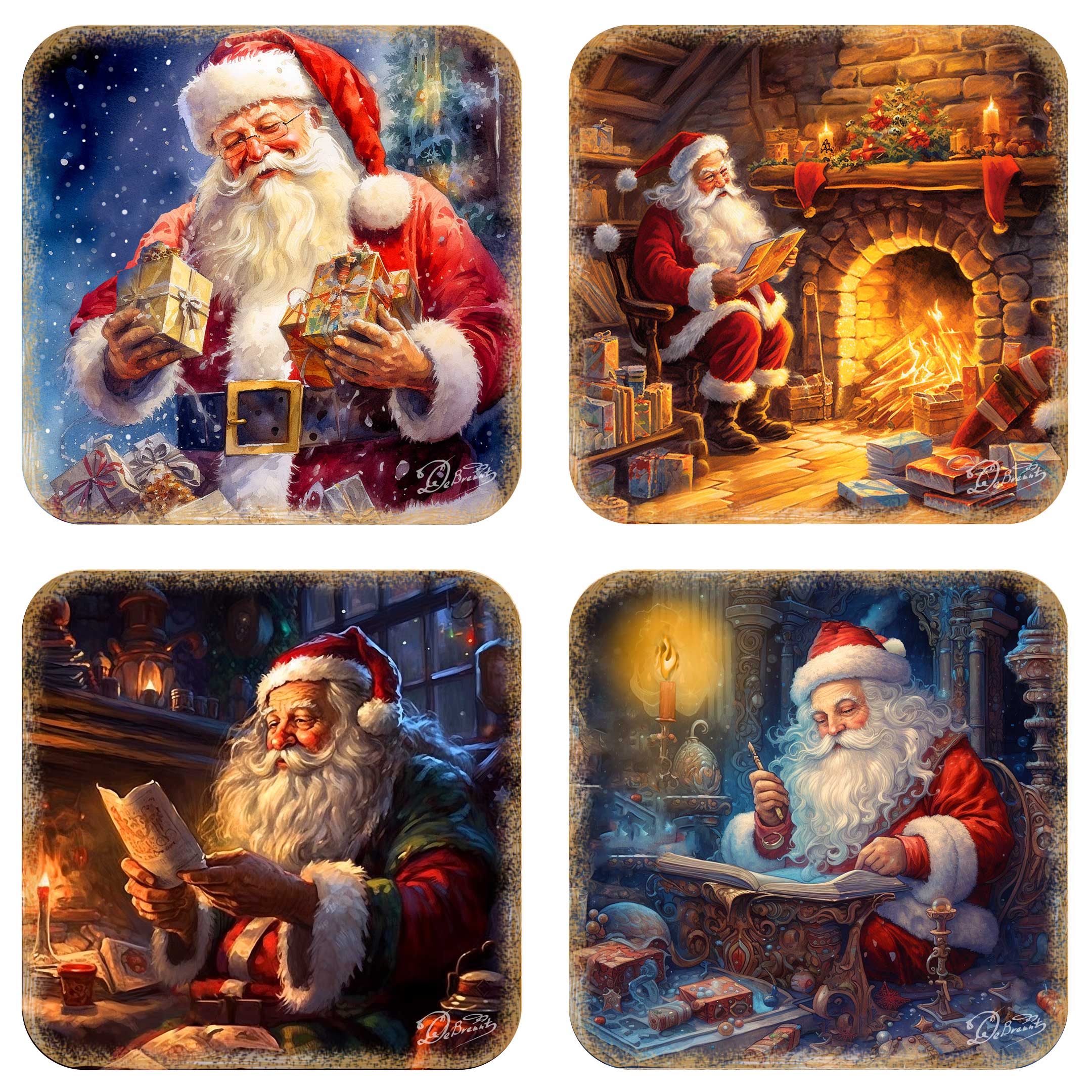 Santa Claus Wooden Cork Coasters Gift Set of 4 by G. Debrekht - Santa Christmas Decor - 8199442C-S4