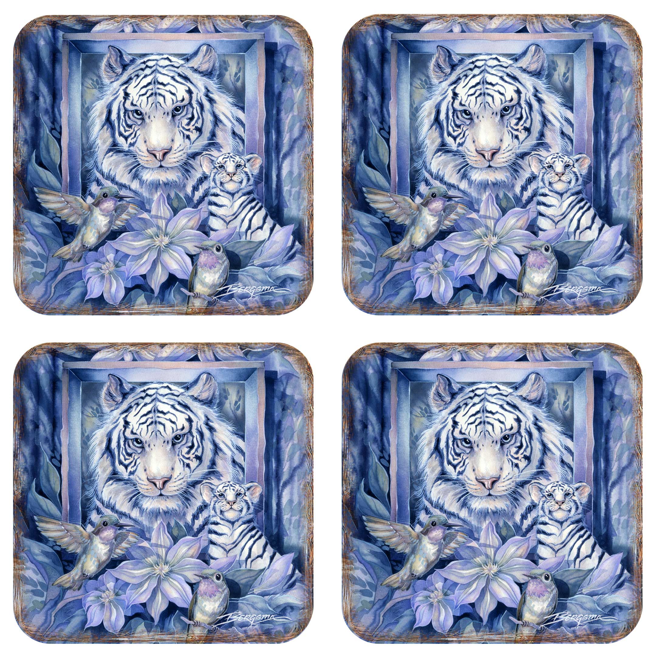 Tiger in the Garden Wooden Cork Coasters Gift Set of 4 by J. Bergsma - Wildlife Decor - 8199461C-S4