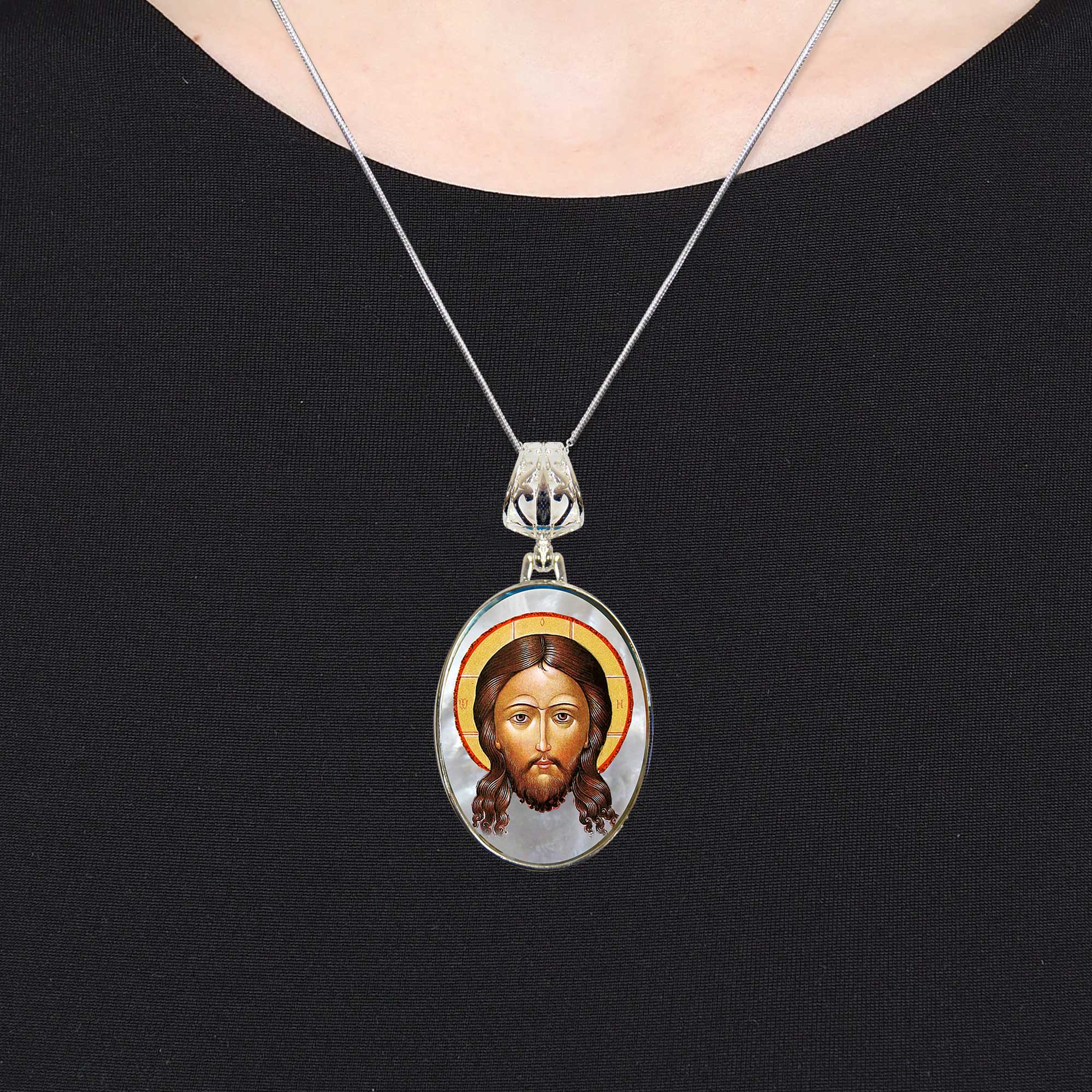 Icon of The Holy Face Silver Plated Mother of Pearl Necklace Jewelry - 43018