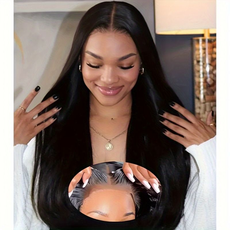 5x5 HD Lace Glueless Closure Wig - Human Hair Straight Pre Plucked Pre Cut No Glue 3 Seconds to Wear - Transparent Lace Front Wigs for Women 180 Density Pre Bleached Knots