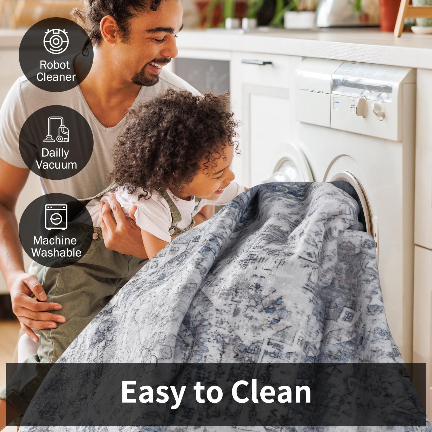 5x7 Area Rugs for Living Room, Machine Washable Non Slip Rug Modern Distressed Moroccan Indoor Area Rug Carpet Ultra Soft Rugs for Bedroom Dining Room Playroom Office, Blue