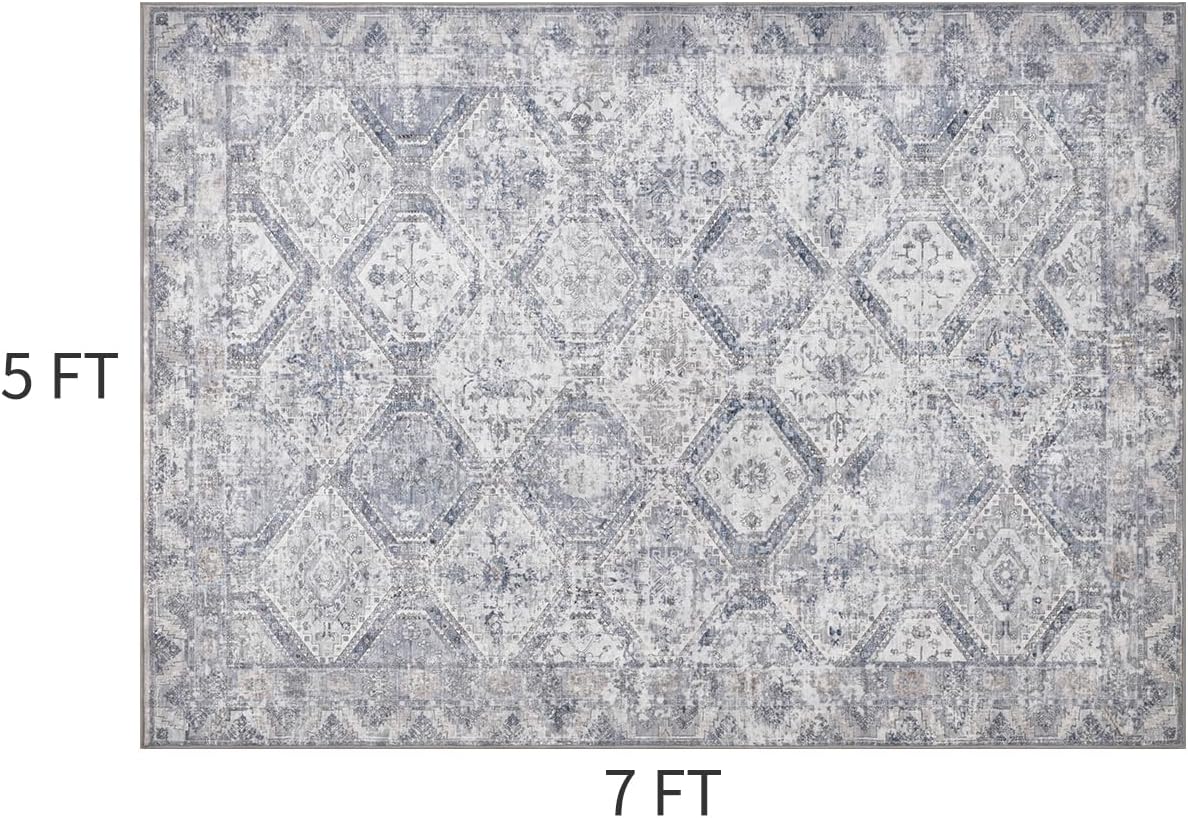 5x7 Area Rugs for Living Room, Machine Washable Non Slip Rug Modern Distressed Moroccan Indoor Area Rug Carpet Ultra Soft Rugs for Bedroom Dining Room Playroom Office, Blue