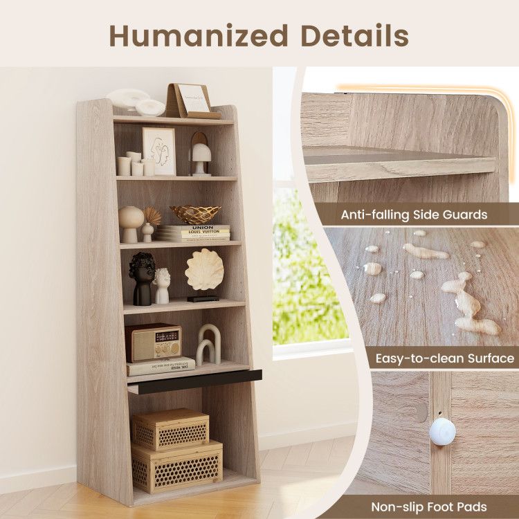 6-Tier Bookcase Freestanding Ladder Bookshelf with 2 Adjustable Shelves and Flip Up Door