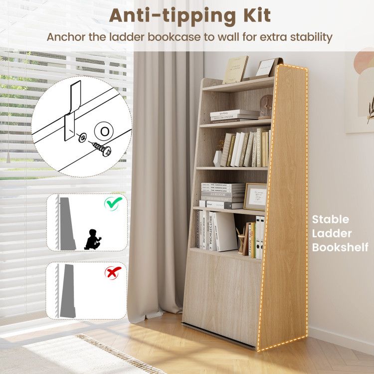 6-Tier Bookcase Freestanding Ladder Bookshelf with 2 Adjustable Shelves and Flip Up Door