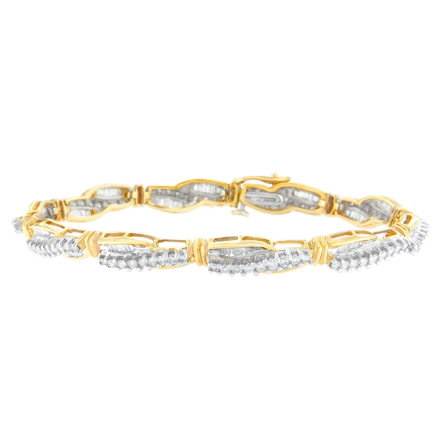 14K Yellow Gold Round And Baguette Cut Winding Love Diamond Bracelet (3.00 Cttw, H-I Color, Si1-Si2 Clarity)