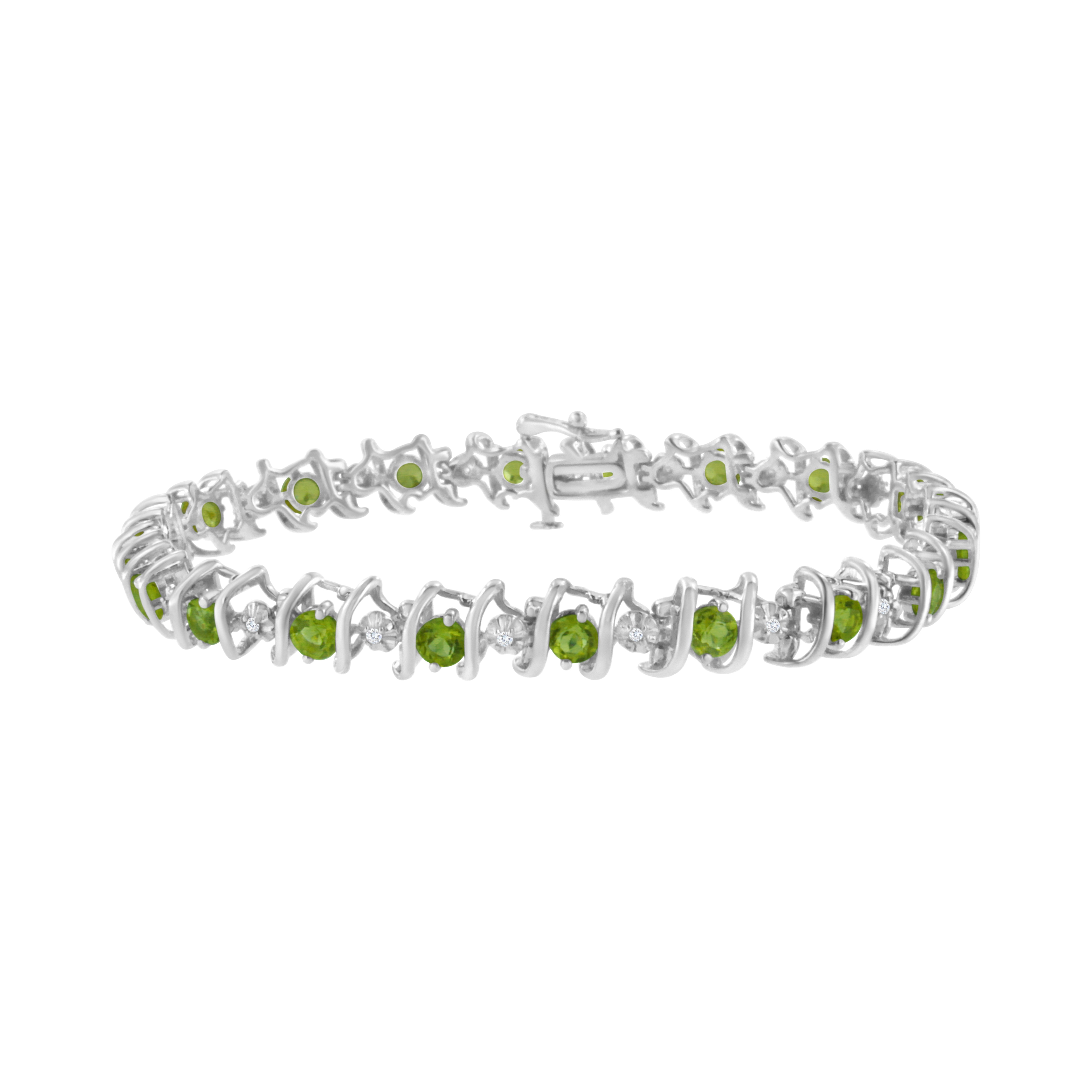 .925 Sterling Silver, Lab-Grown Gemstone And 1/6 Cttw Round Diamond Tennis Bracelet (H-I Color, I1-I2 Clarity) - Created Green Peridot, August Birthstone