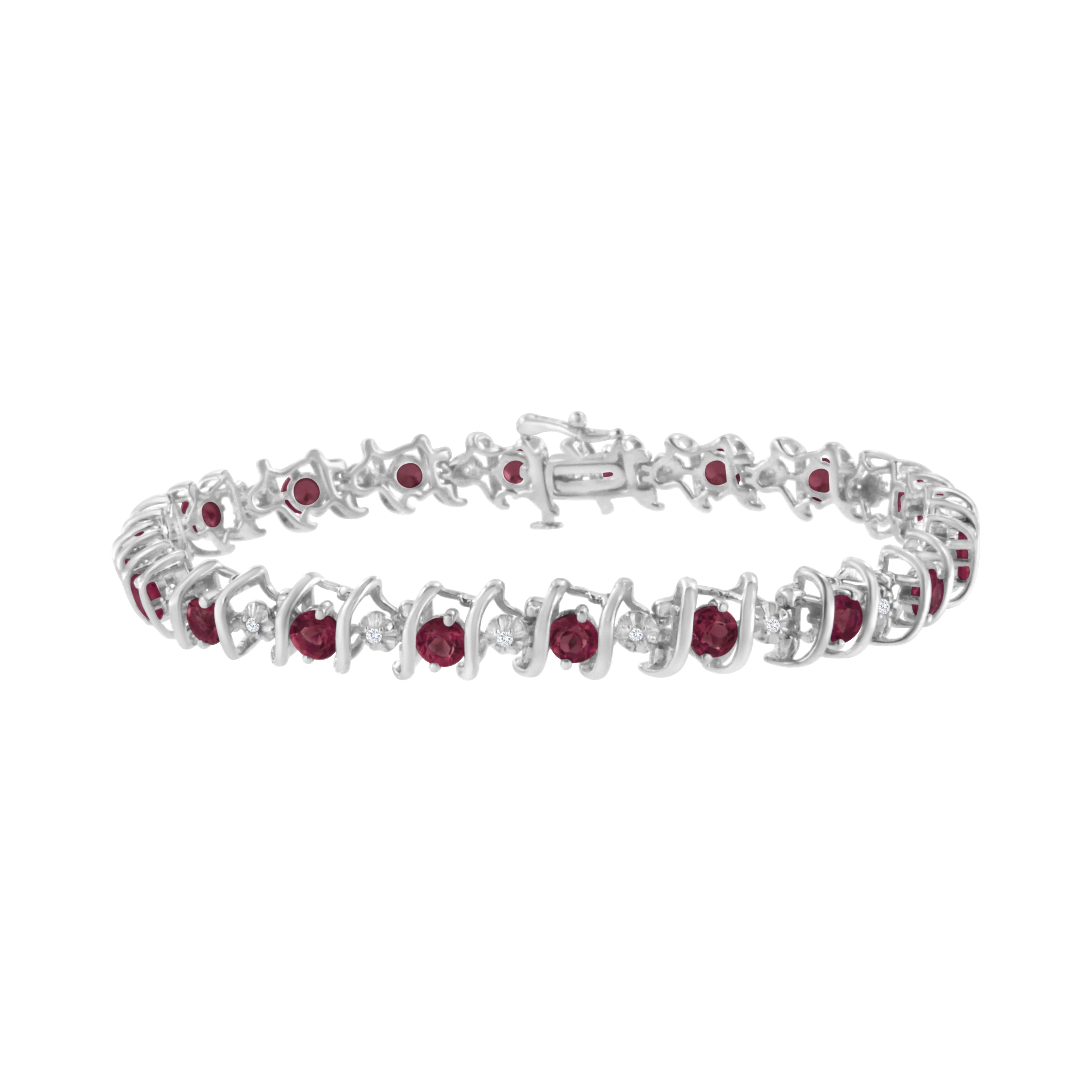 .925 Sterling Silver, Lab-Grown Gemstone And 4 Cttw Round Diamond Tennis Bracelet (H-I Color, I1-I2 Clarity) - Created Ruby, July Birthstone