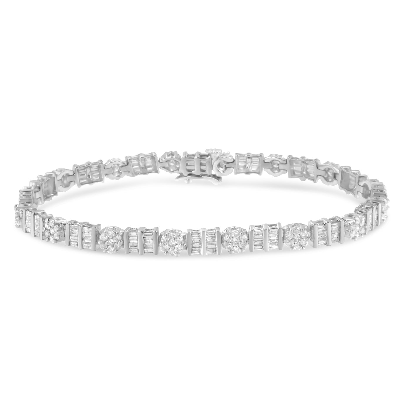 14K White Gold 3-3/8 Cttw Round & Baguette-Cut Diamond Cluster Alternating Station 7" Tennis Bracelet (H-I Color, I1-I2 Clarity)