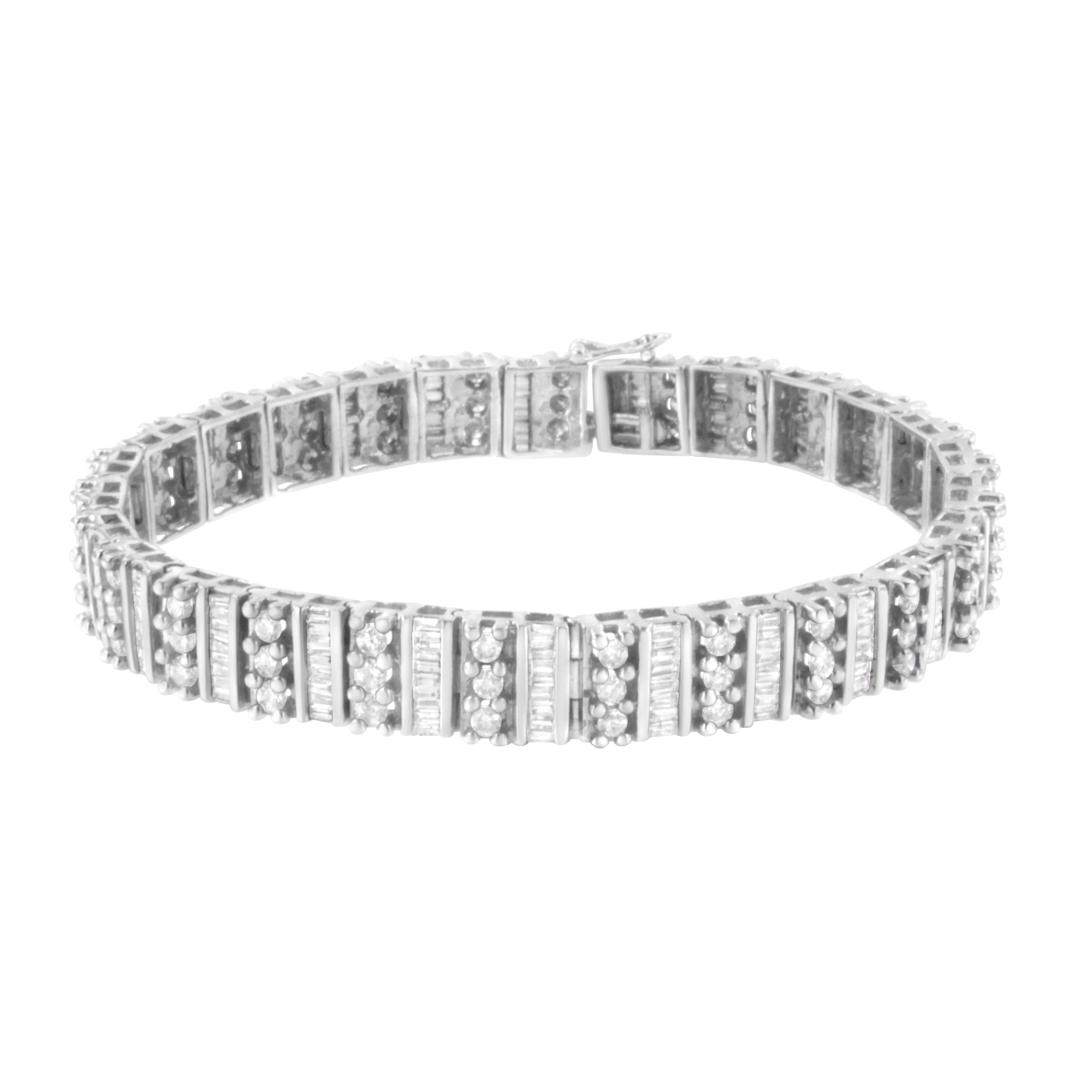 14K White Gold 4 7/8 Cttw Baguette & Round Brilliant-Cut Diamond Channel- & Prong-Set Tennis Bracelet (I-J Color, I1-I2 Clarity) - Size 7.25"