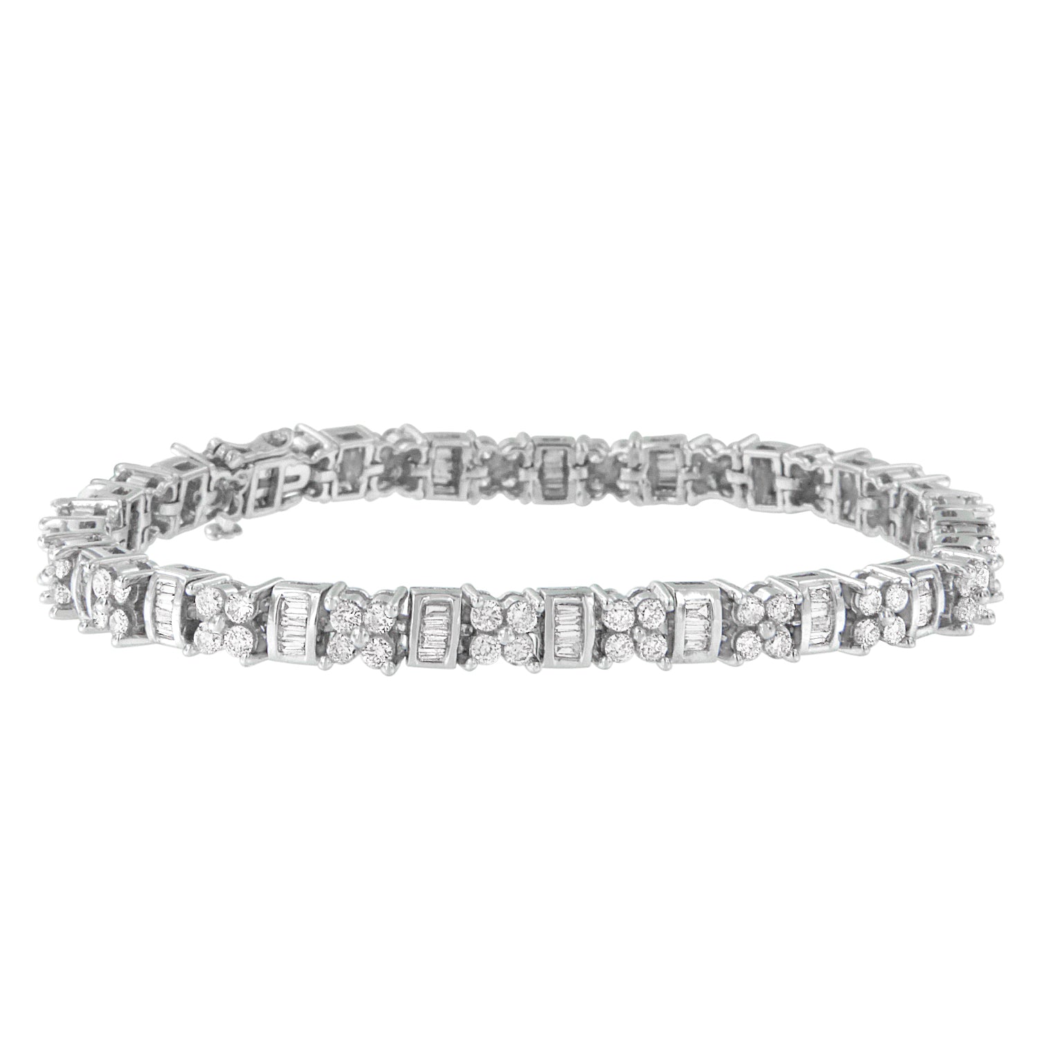 14K White Gold Round And Baguette Cut Floral Link Diamond Bracelet (4.00 Cttw, H-I Color, Si2-I1 Clarity)