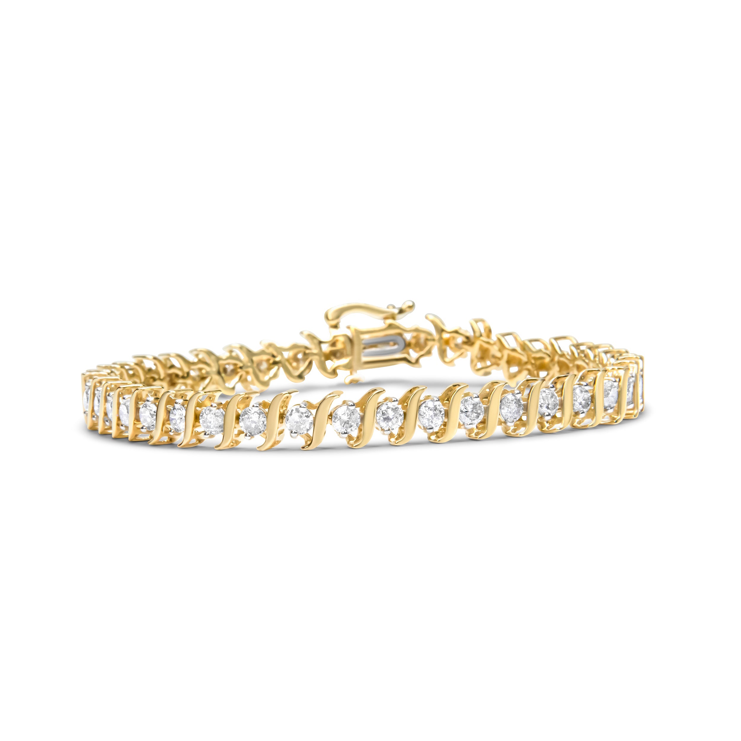 14K Yellow Gold Plated .925 Sterling Silver 4.00 Cttw Prong-Set Round-Cut Diamond S-Curve Link Bracelet (K-L Color, I2-I3 Clarity) - 7.25"
