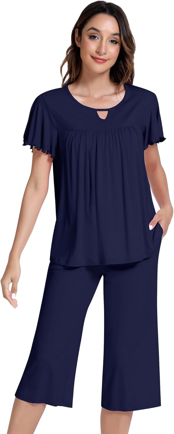 NACHILA Women’s Pajamas-Viscose Made from Bamboo, Short Sleeve Pjs Top with Capri Pajama Sets for Women Cool V Neck Sleepwear