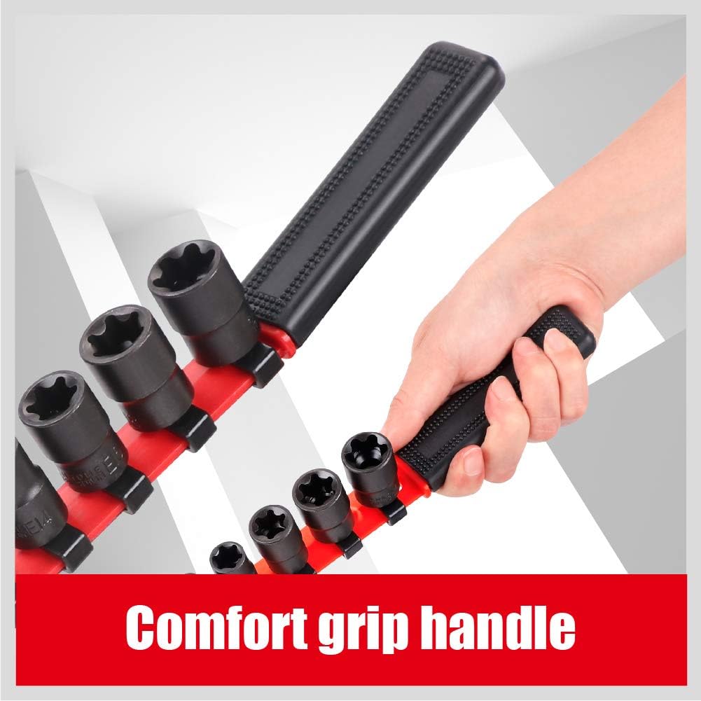 SEDY 11-Piece E-Torx Socket Set - Star Sockets Set with Socket Rail, External Torx Socket with Organizer, External Socket-Set, E4 E5 E6 E7 E8 E10 E12 E14 E16 E18 E20 Reverse Sockets Set