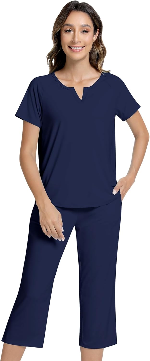 NACHILA Women’s Pajamas-Viscose Made from Bamboo, Short Sleeve Pjs Top with Capri Pajama Sets for Women Cool V Neck Sleepwear