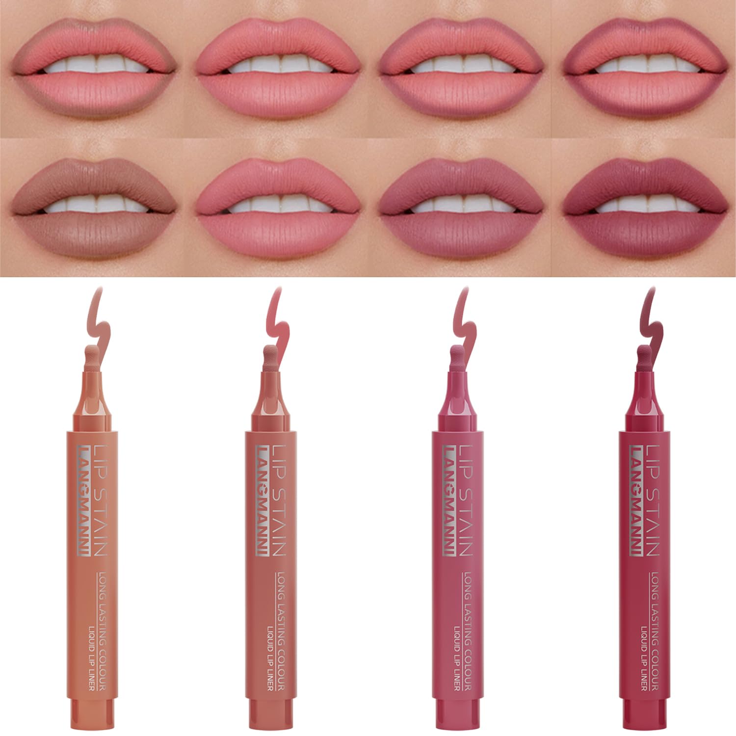 Jolilab 4 Colors Lip Stain Set:Marker Matte Liquid Lip Stain Pen,Highly Pigmented,Long-Lasting,Lip Liner Lip Contour Multi-Use.(#01+02+03+04)