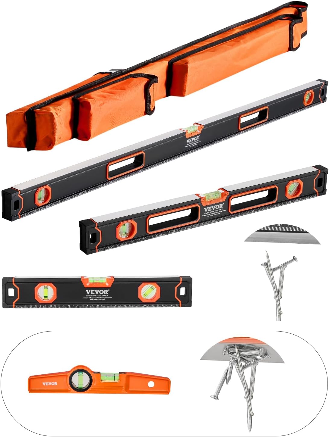 VEVOR 6-Piece Torpedo Level, 78/48/32/24/16/10 Inch All Magnetic Levels Set, Bubble Vials Ruler for 45/90/180 Degree, Aluminum Alloy Magnetic Box Leveler Tool, Shock-Resistance, SAE and Metric Scale