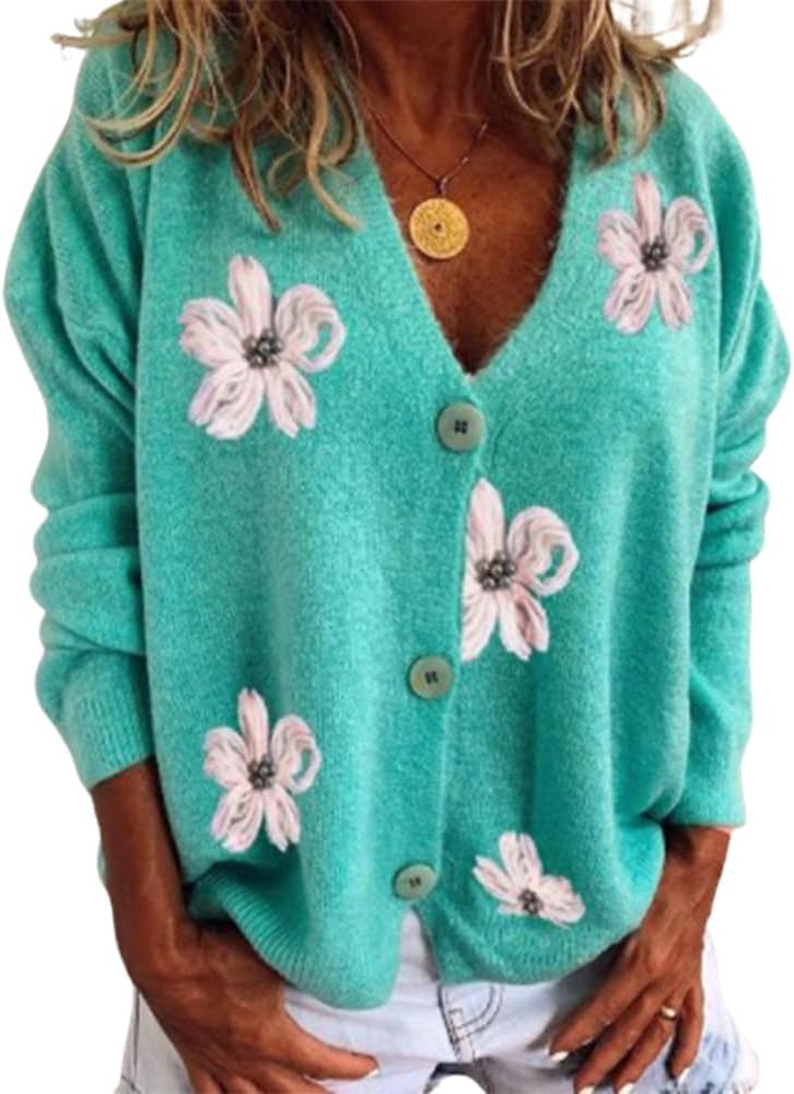 ZOCAVIA Women's Floral Knit Sweaters Cardigan Fall Winter Button Down Open Front Casual Flower Embroidered Cropped Sweaters