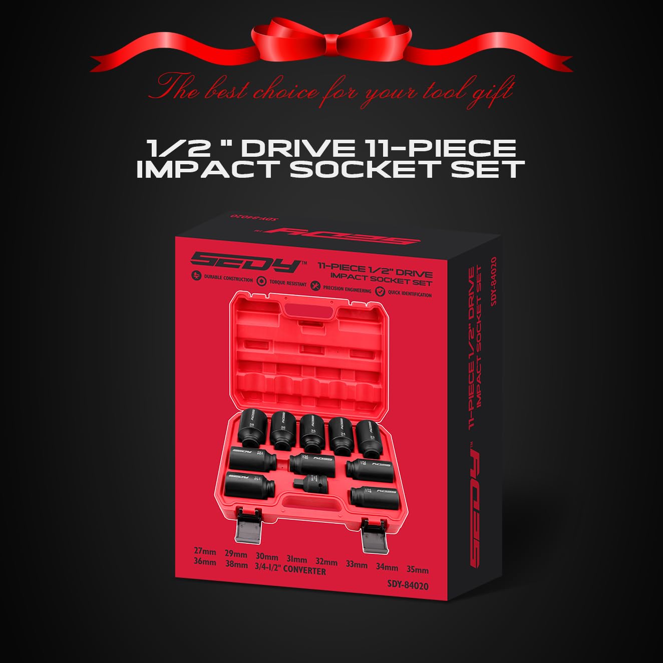 29-Piece 1/2" Drive Impact Socket Set, SAE (3/8 to 1 inch) and Metric (10-24mm) Sizes with Extension Bars Standard Deep Socket Set CR-V Material High Durability Impact Wrench