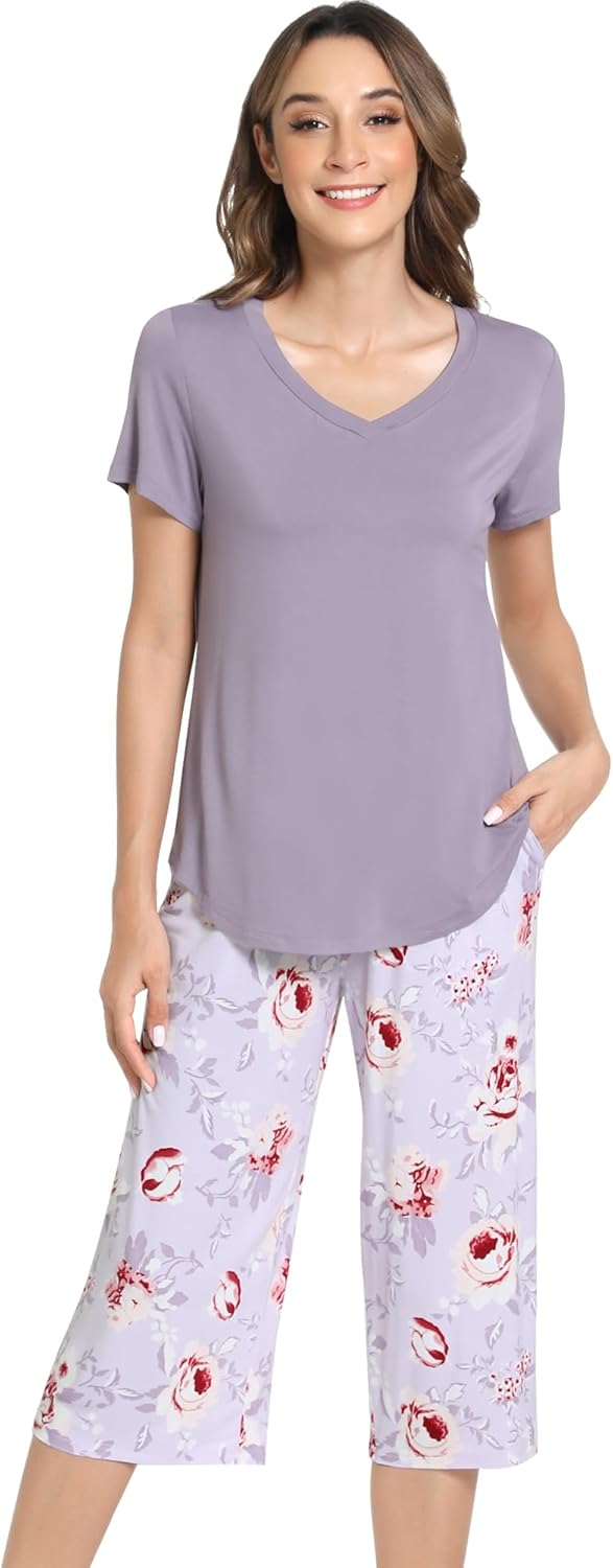 NACHILA Women’s Pajamas-Viscose Made from Bamboo, Short Sleeve Pjs Top with Capri Pajama Sets for Women Cool V Neck Sleepwear