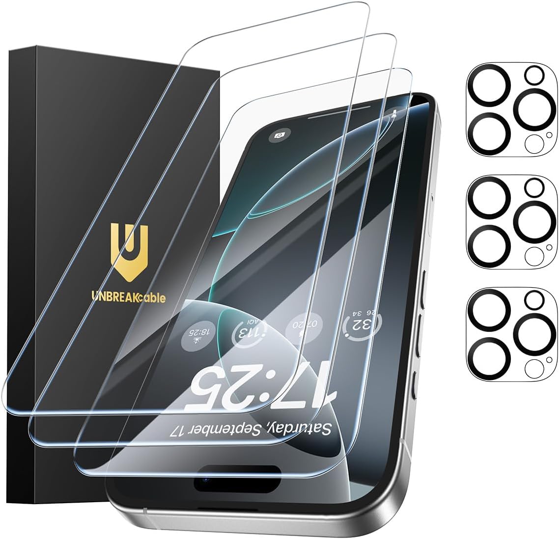 UNBREAKcable iPhone 16 Pro Max Screen Protector 3-Pack, 3 Tempered Glass + 3 Camera Lens Protectors, 9H Hardness, HD Clarity, Anti-Fingerprint, Case Friendly, 6.9 Inch