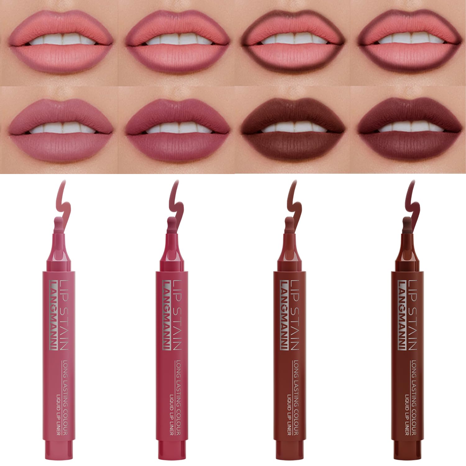 Jolilab 4 Colors Lip Stain Set:Marker Matte Liquid Lip Stain Pen,Highly Pigmented,Long-Lasting,Lip Liner Lip Contour Multi-Use.(#01+02+03+04)
