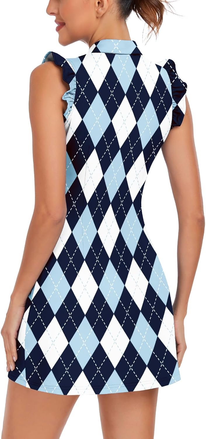 WOWENY Tennis Dress Polo Buttons Golf Dresses with Built in Shorts and Pockets Ruffle Sleeveless Athletic Workout Dress