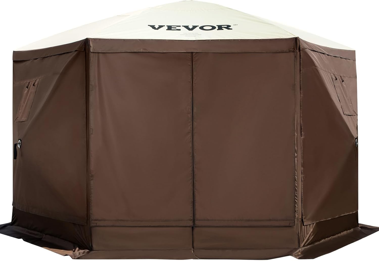 VEVOR 12 * 12ft 6 Sided Pop-up Canopy Shelter Tent with Mesh Windows, Portable Carry Bag, Stakes, Large Shade Tents for Outdoor Camping, Lawn and Backyard, Brown/Beige