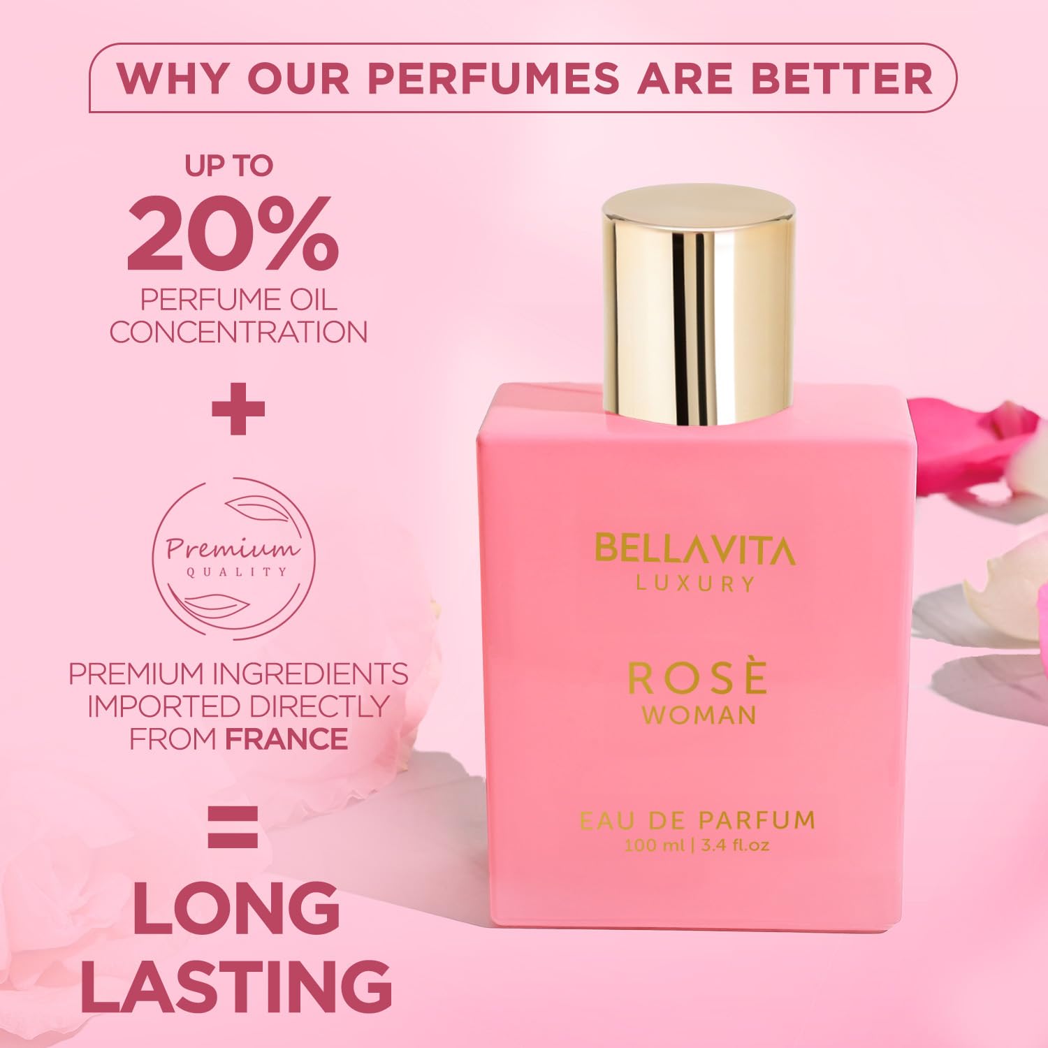 BellaVita Luxury ROSE Perfume for Women (100ml) | Floral, Oriental & Sweet Fragrance | Notes: Amber, Vanilla, Black Currant, Rose, Jasmine | Premium French Floral Fragrance