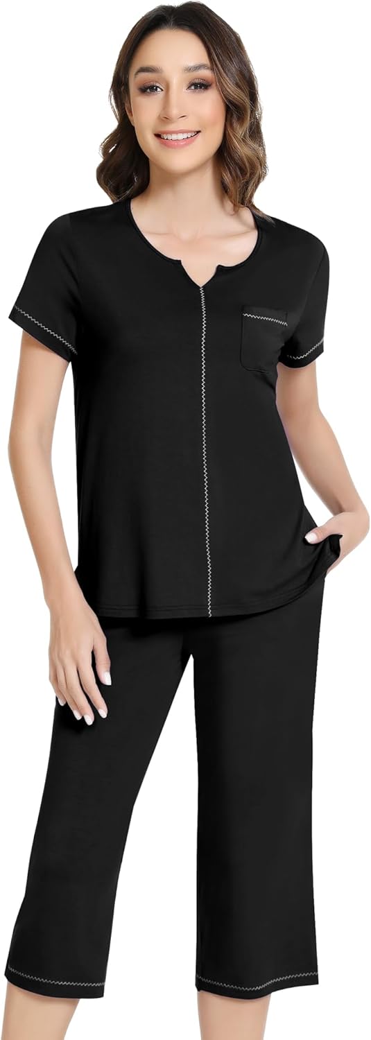 NACHILA Women’s Pajamas-Viscose Made from Bamboo, Short Sleeve Pjs Top with Capri Pajama Sets for Women Cool V Neck Sleepwear