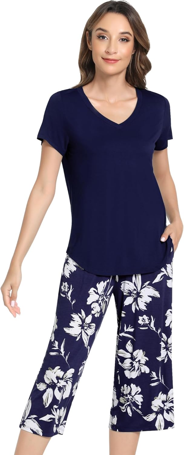 NACHILA Women’s Pajamas-Viscose Made from Bamboo, Short Sleeve Pjs Top with Capri Pajama Sets for Women Cool V Neck Sleepwear