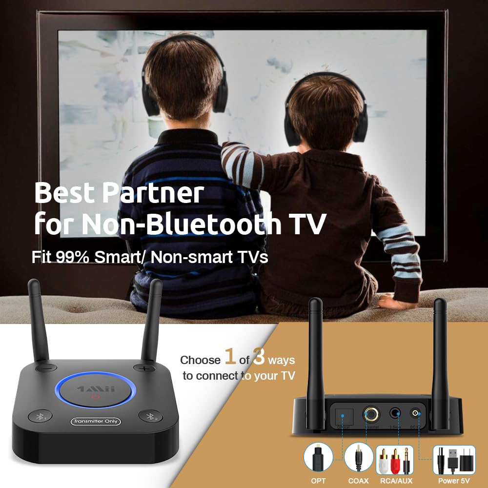 1Mii B06TX Bluetooth 5.2 Transmitter for TV to Wireless Headphone/Speaker, Bluetooth Adapter for TV w/Volume Control, AUX/RCA/Optical/Coaxial Audio Inputs, Plug n Play, aptX Low Latency & HD