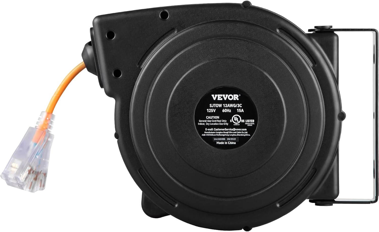 VEVOR Retractable Extension Cord Reel, 45 FT, Heavy Duty 12AWG/3C SJTOW Power Cord, with Lighted Triple Tap Outlet, 15 Amp Circuit Breaker, 180° Swivel Bracket for Ceiling or Wall Mount