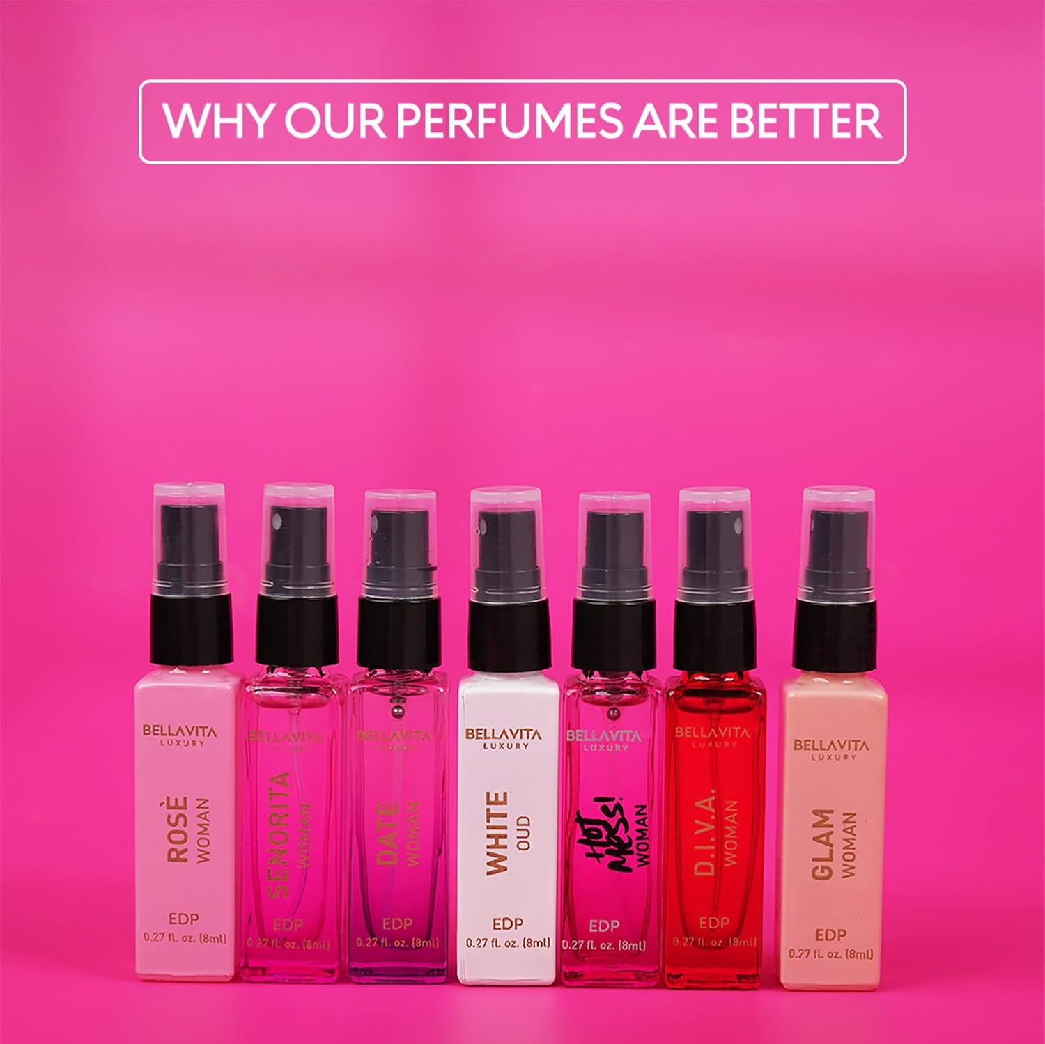 BellaVita Luxury Discovery Set Womens Perfumes (7x8ml) | Mini Perfume Gift Set for Women with Rose, OUD & Pepper Oriented | Compact Long-Lasting Floral Perfumes for Women | Cruelty Free Fragrance