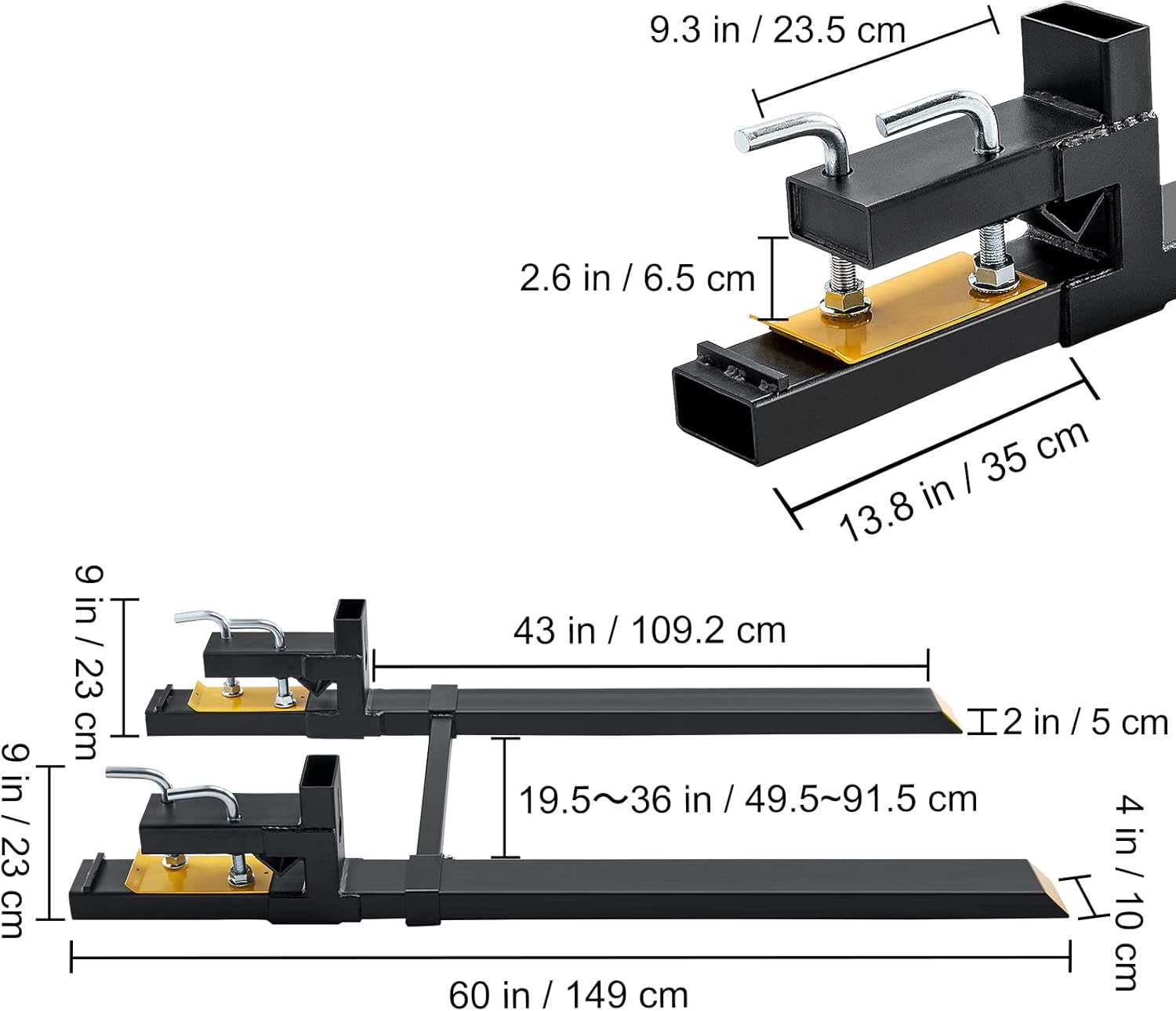 VEVOR Pallet Forks, 4000 lbs Clamp on Pallet Forks, 60" Total Length Heavy Duty Pallet Forks with Adjustable Stabilizer Bar, Tractor Bucket Forks for Loader Bucket Skid Steer Tractor