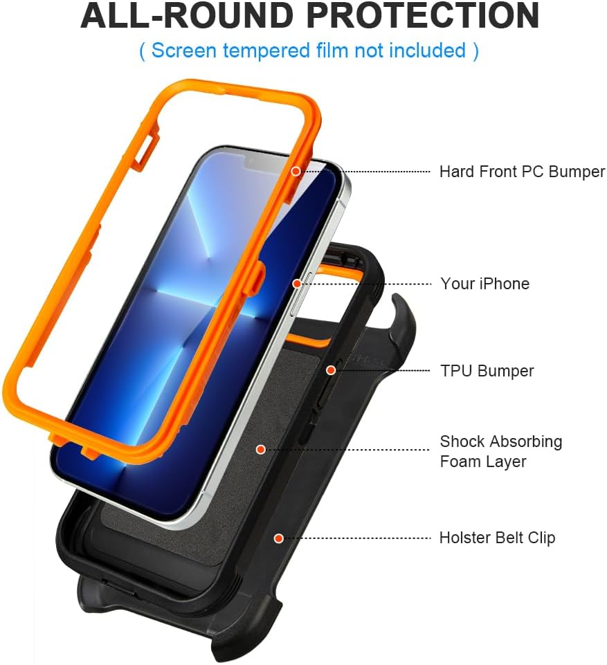 for iPhone 13 Pro Max Case with Clip Belt Holster, Heavy Duty Military Grade Drop Protective Case for iPhone 13 Pro Max 6.7" case (Black+Orange)