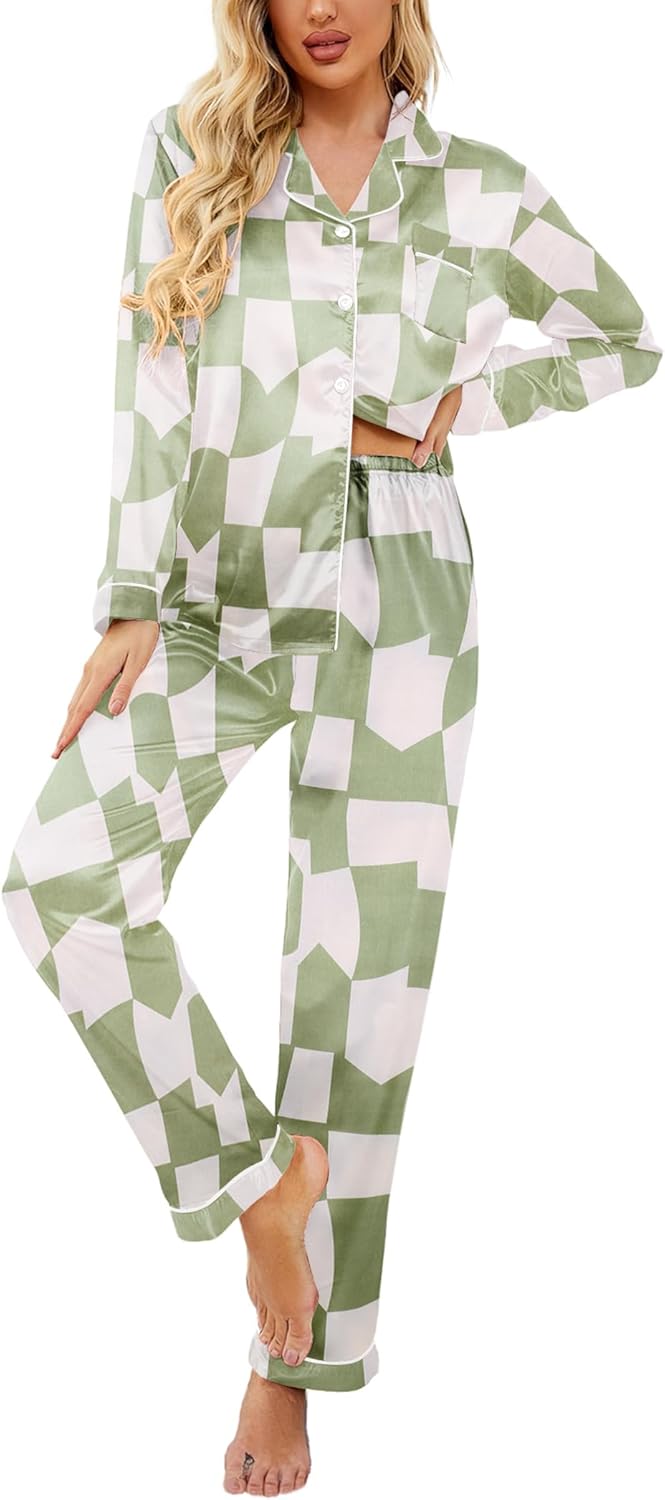 Ekouaer Womens Satin Pajama Set Classic Pattern Silky Pj Sets Button Down Sleepwear Loungewear