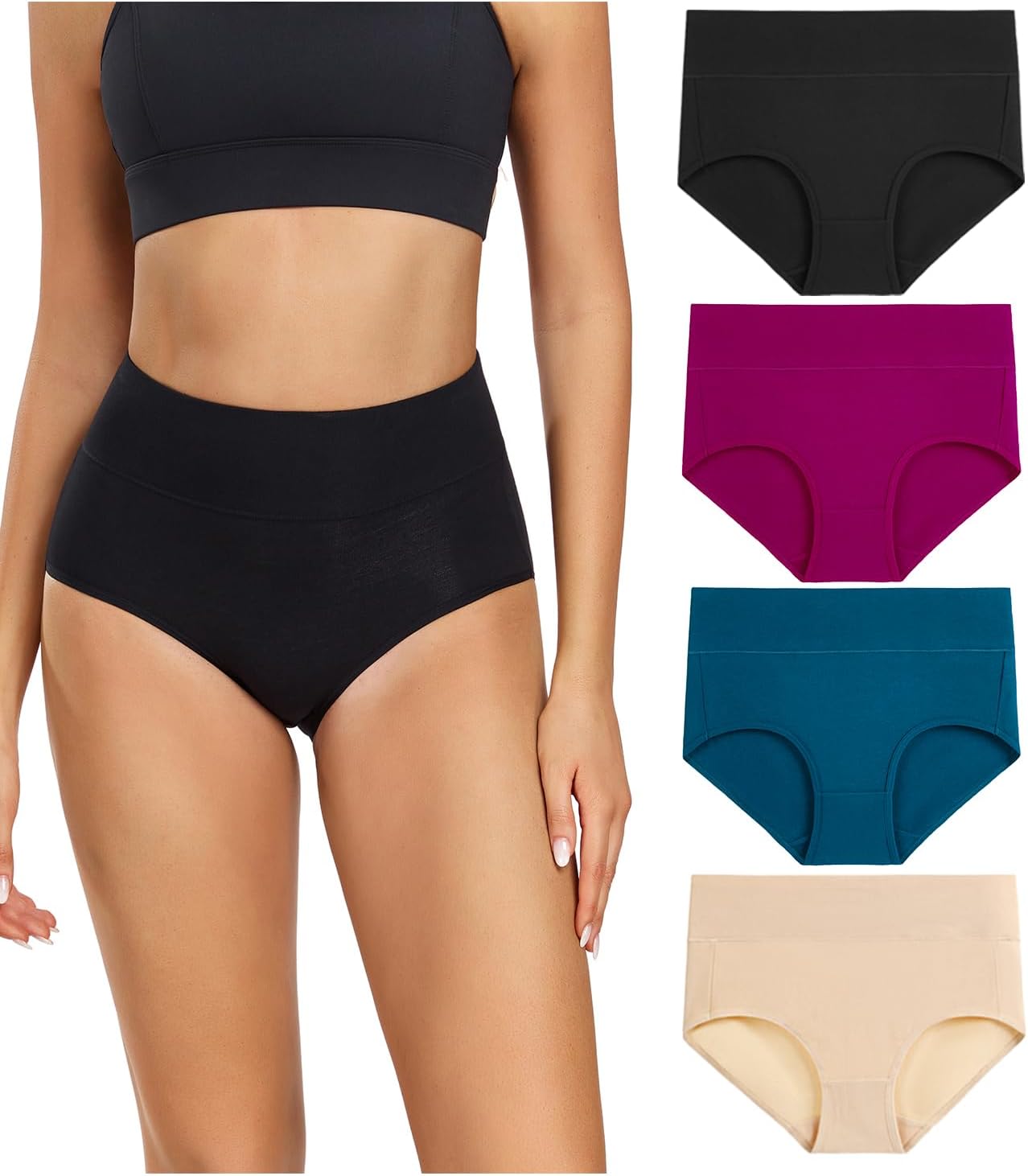 wirarpa Women's Cotton Underwear High Waisted Ladies Panties Full Coverage Briefs 4 Pack (Regular & Plus Size)