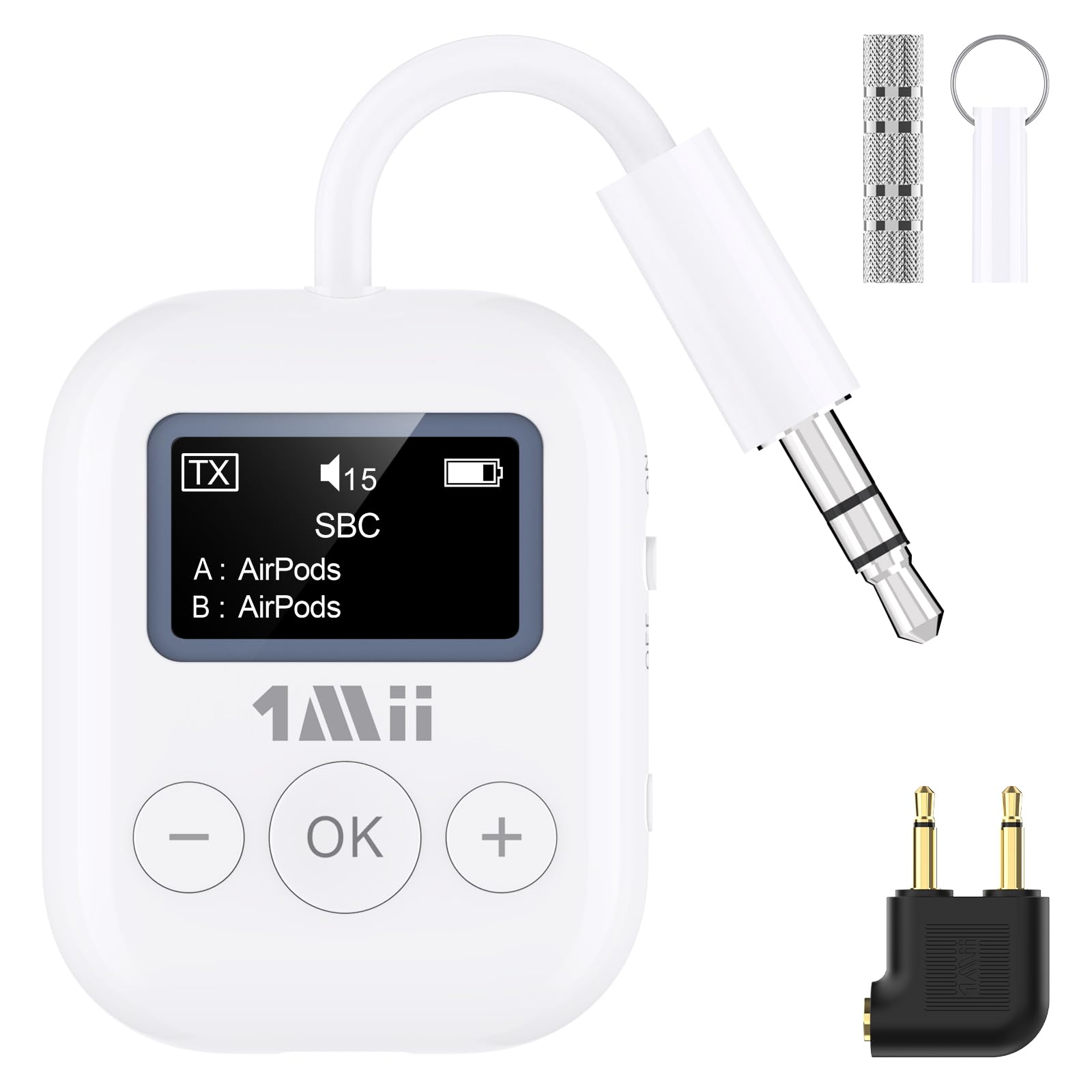 1Mii Bluetooth Transmitter for Airplane, Bluetooth 5.3 Adapter for TV,Airplane Travel Essentials, Aptx Low Latency Wireless Audio Aux for Headphones, Any 3.5mm Jack,Linking 2 Devices (White)